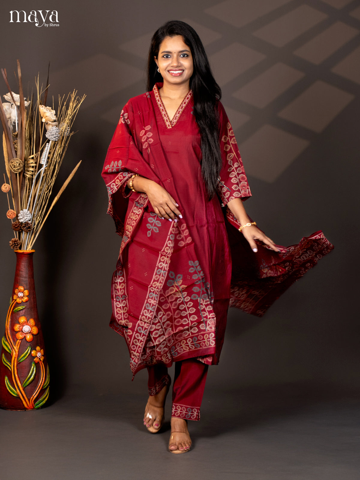 Embroidered Cotton 3Pc Maroon Salwar Suit - Top, Bottom & Dupatta