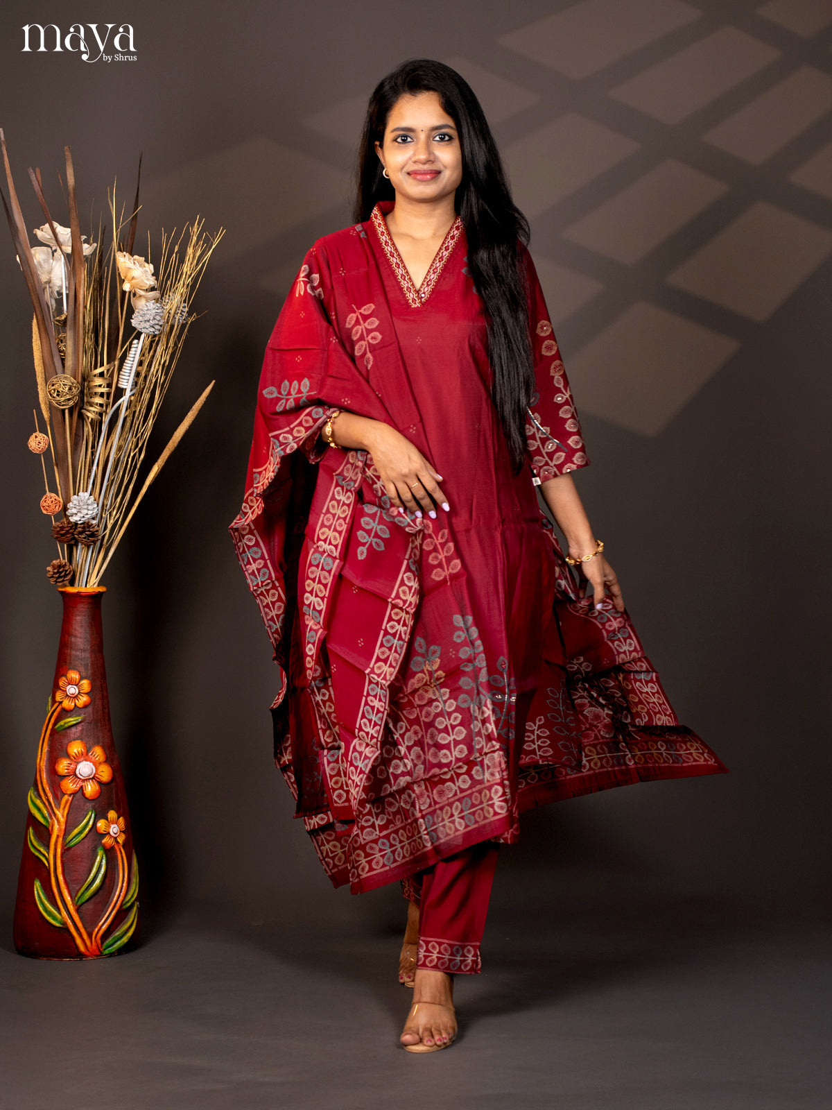 Embroidered Cotton 3Pc Maroon Salwar Suit - Top, Bottom & Dupatta