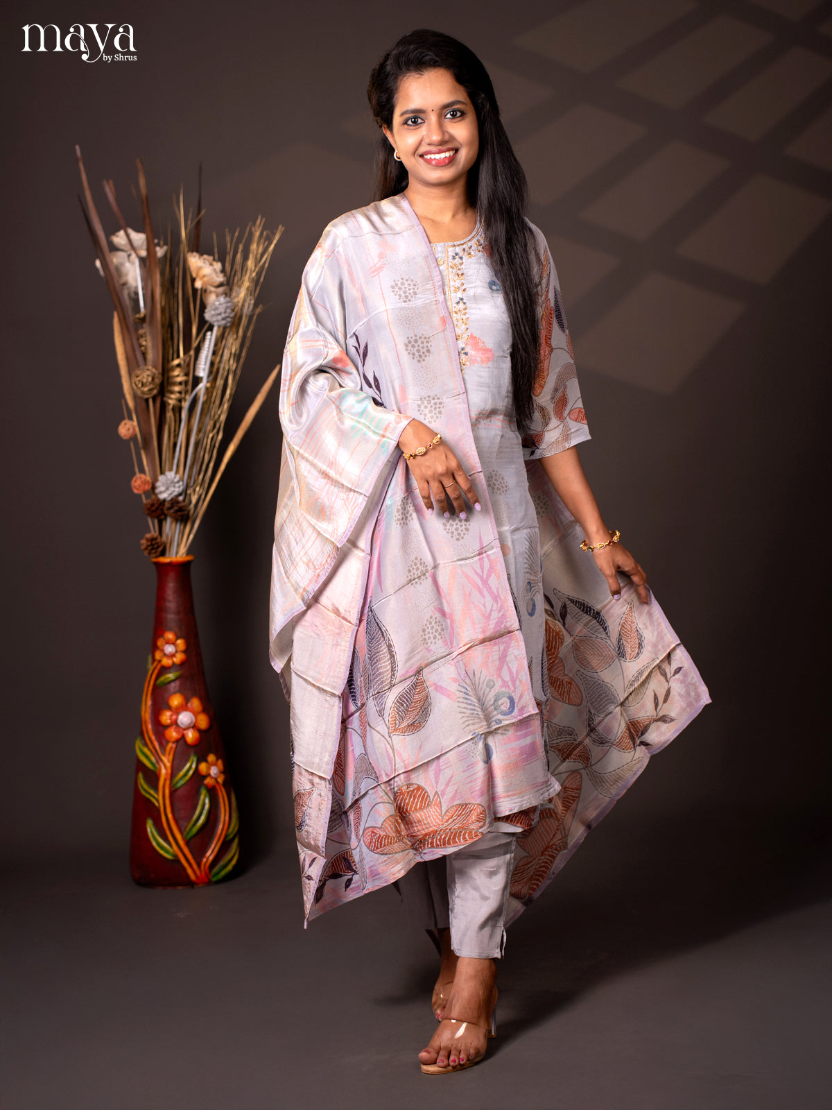 Embroidered Semi Raw Silk 3Pc Grey Salwar Suit - Top, Bottom & Dupatta