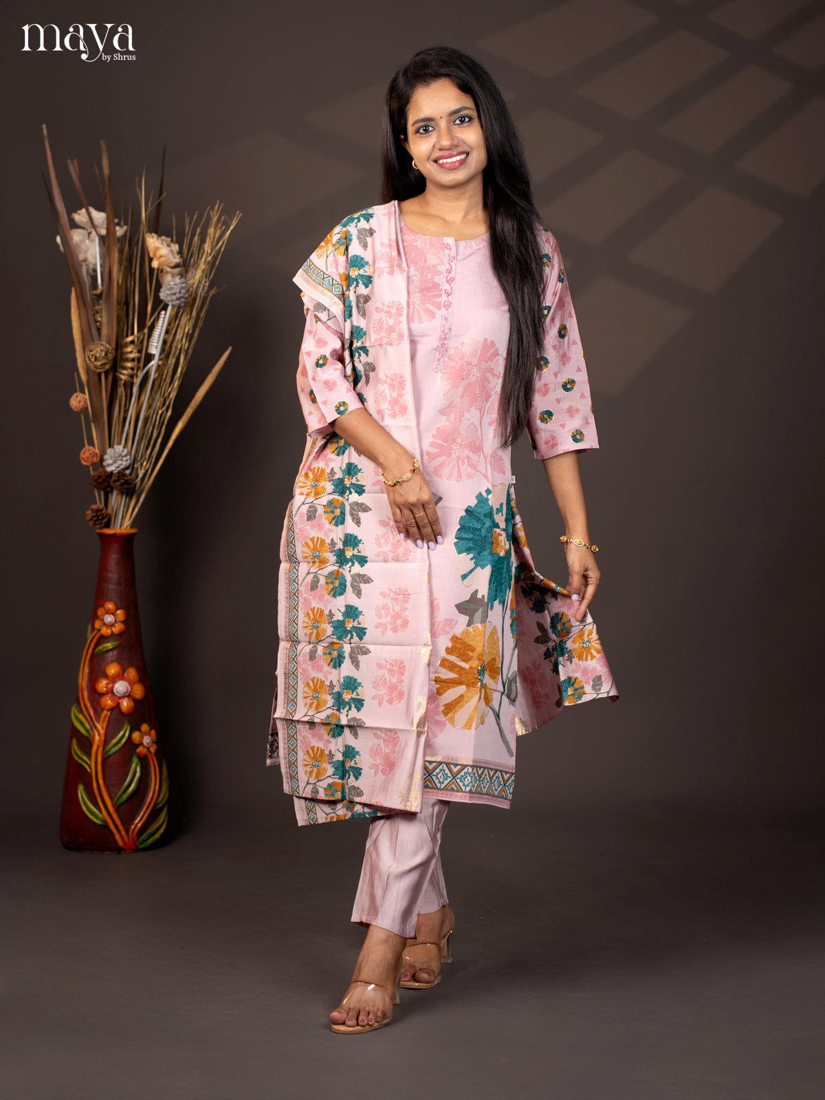 Printed Pink Rayon 3Pc Salwar Suit - Top, Bottom & Dupatta
