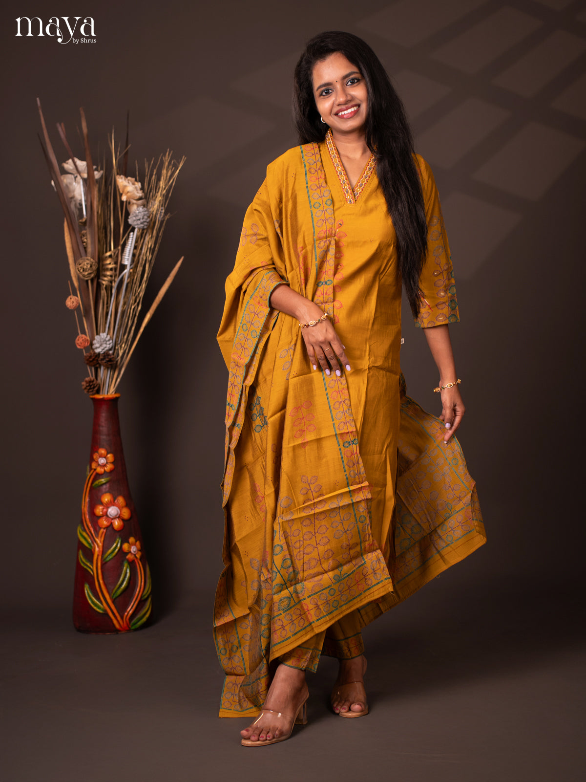 Embroidered Rayon 3Pc Mustard Salwar Suit - Top, Bottom & Dupatta