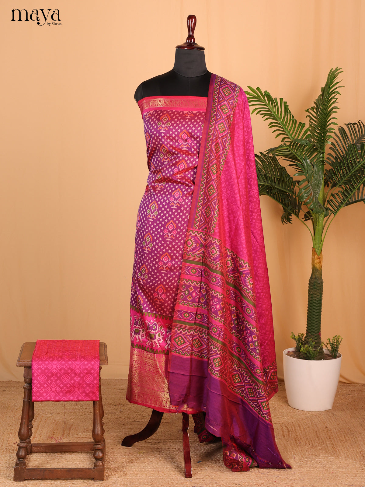Purple & Dark Pink Semi Patola Unstitched Top, Bottom & Dupatta -MDB15009