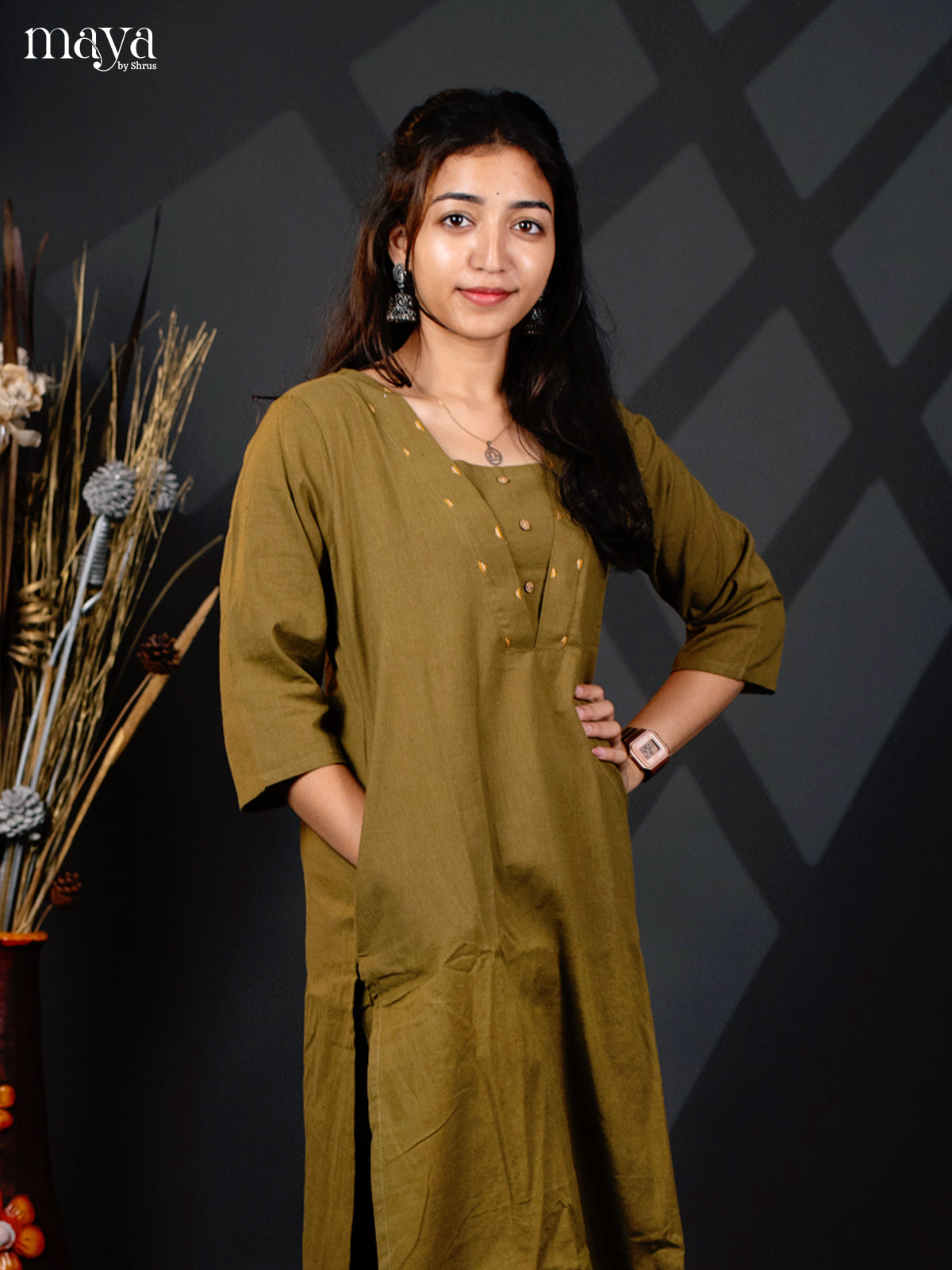 Green Cotton 2Pc solid Slawar Suit - Top & Bottom