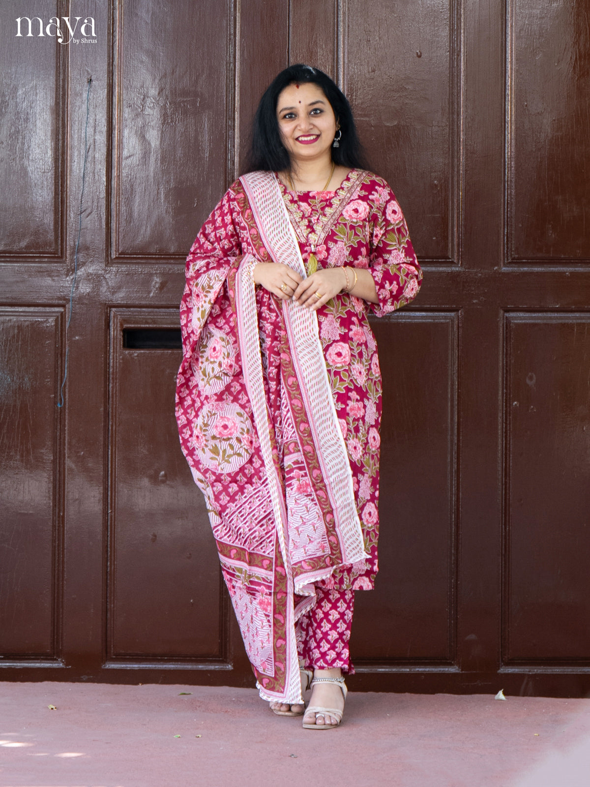 Pink Cotton 3Pc Salwar Suit with Floral Print - Top, Bottom & Dupatta
