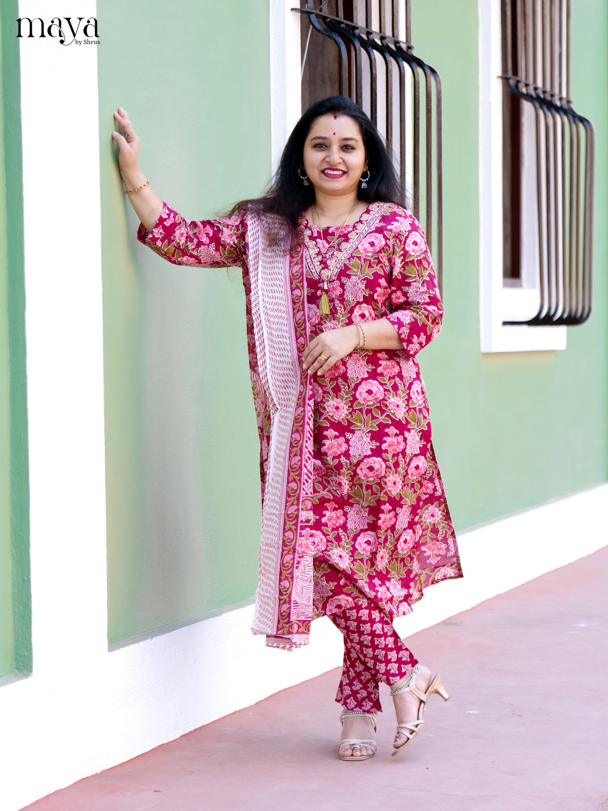 Pink Cotton 3Pc Salwar Suit with Floral Print - Top, Bottom & Dupatta