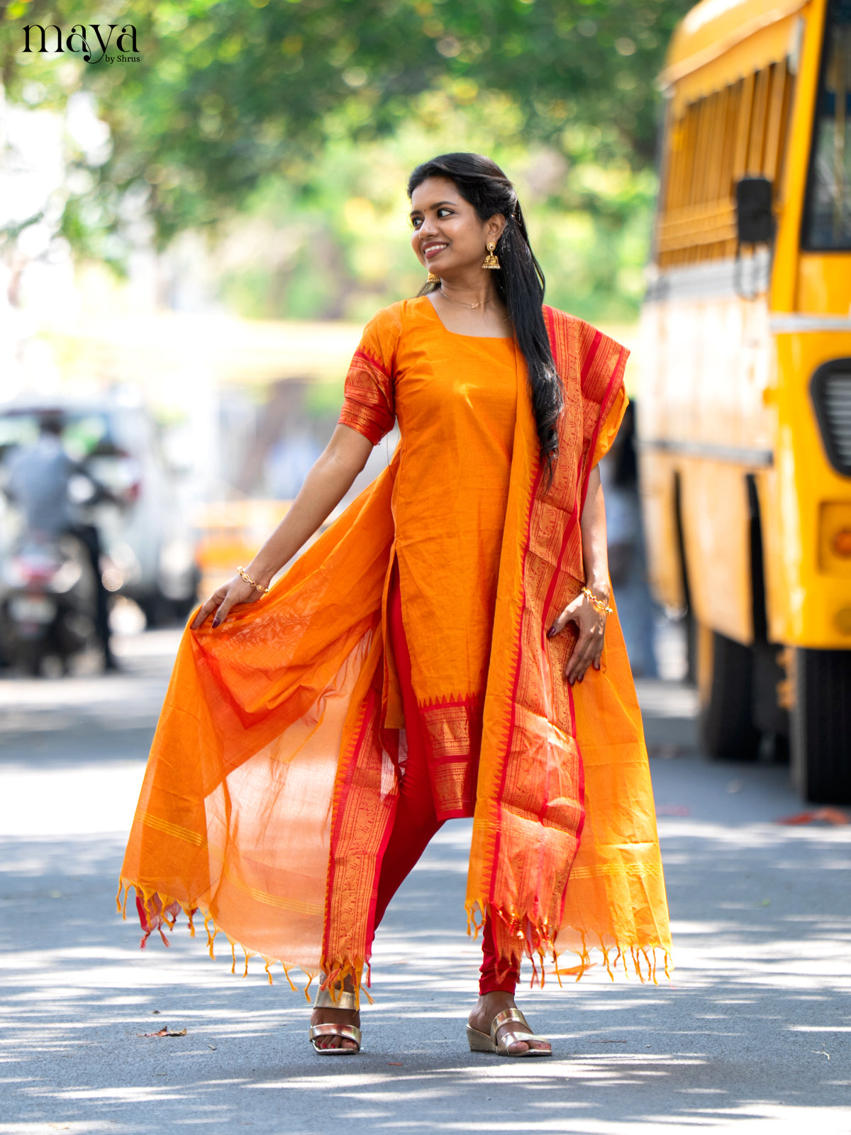 Orange & Red Chettinad Cotton Unstitched Top & Dupatta- MDB20002