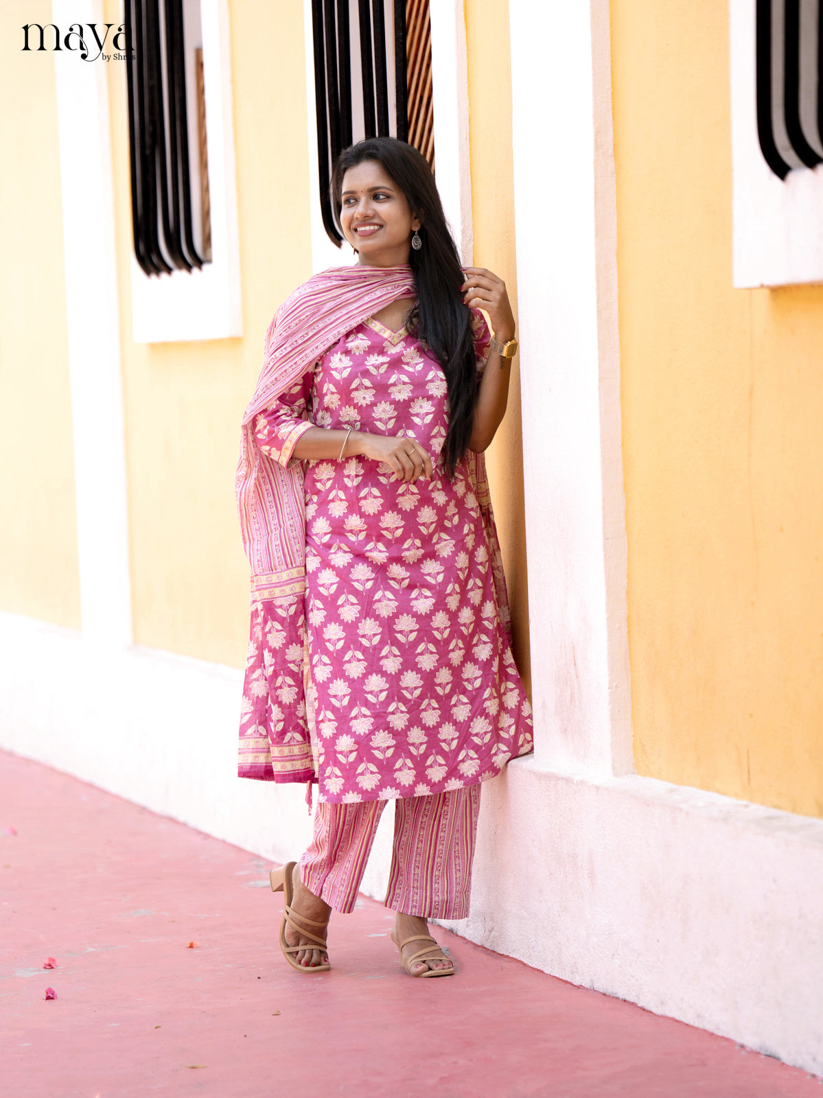 Pink Cotton 3Pc Salwar Suit with Floral Print - Top, Bottom & Dupatta