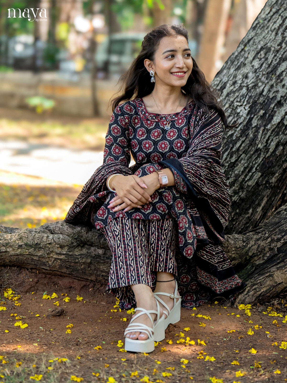 Black Cotton 3Pc Salwar Suit with Ajrakh Print - Top, Bottom & Dupatta