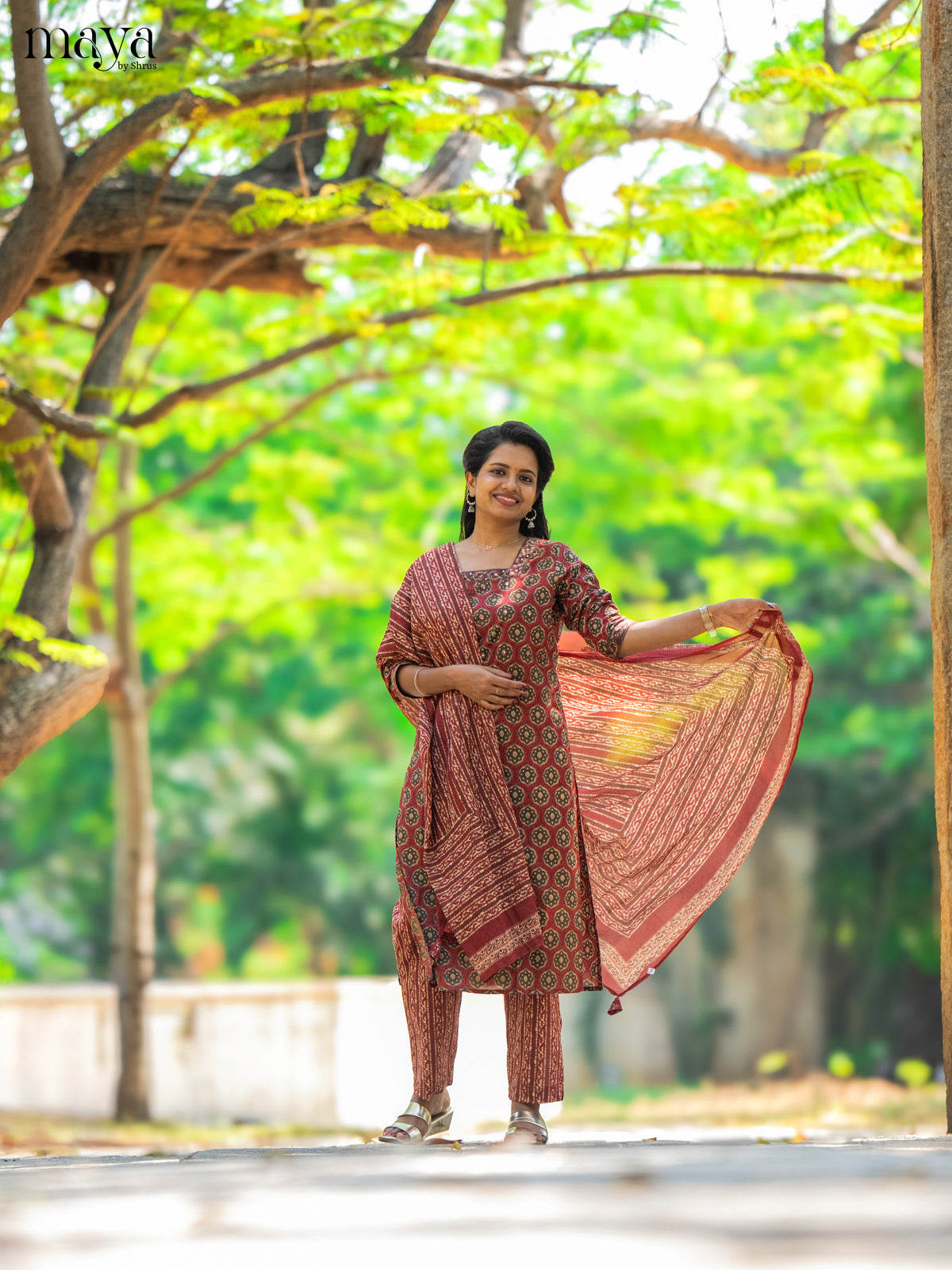Brown Cotton 3Pc Salwar Suit with Ajrakh Print - Top, Bottom & Dupatta