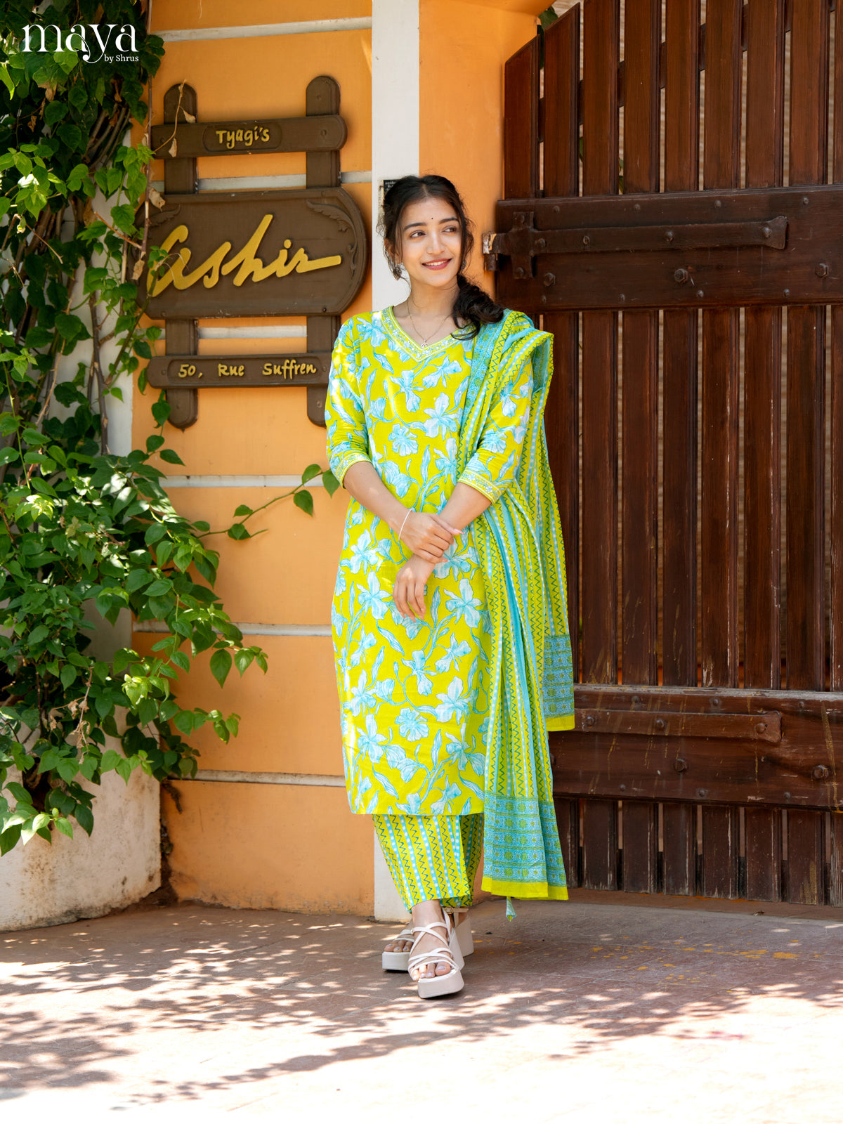Neon Green Cotton 3Pc Salwar Suit with Floral Print - Top, Bottom & Dupatta