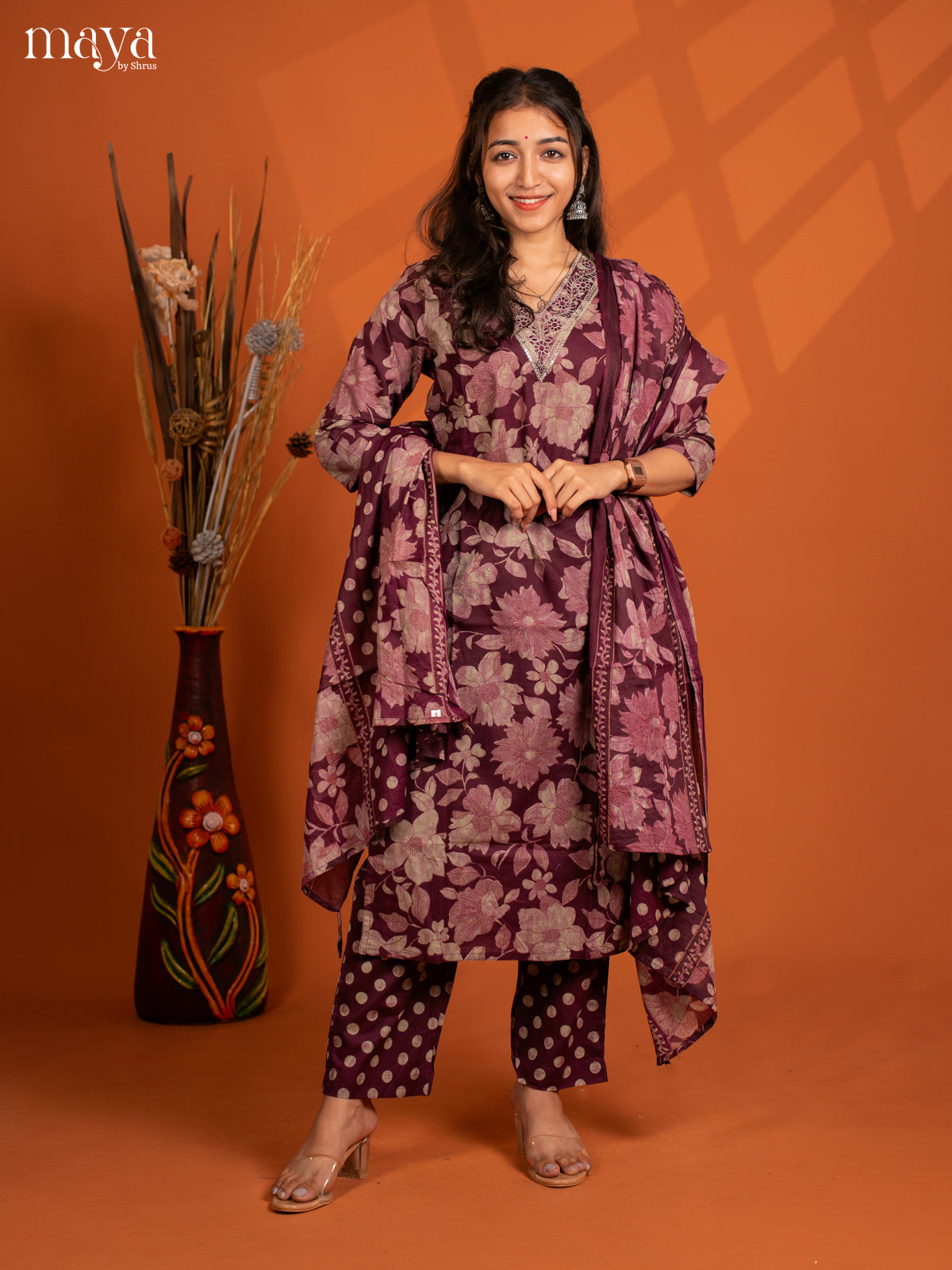 Wine Cotton 3PC salwar Suit with Floral Print - Top, Bottom & Dupatta