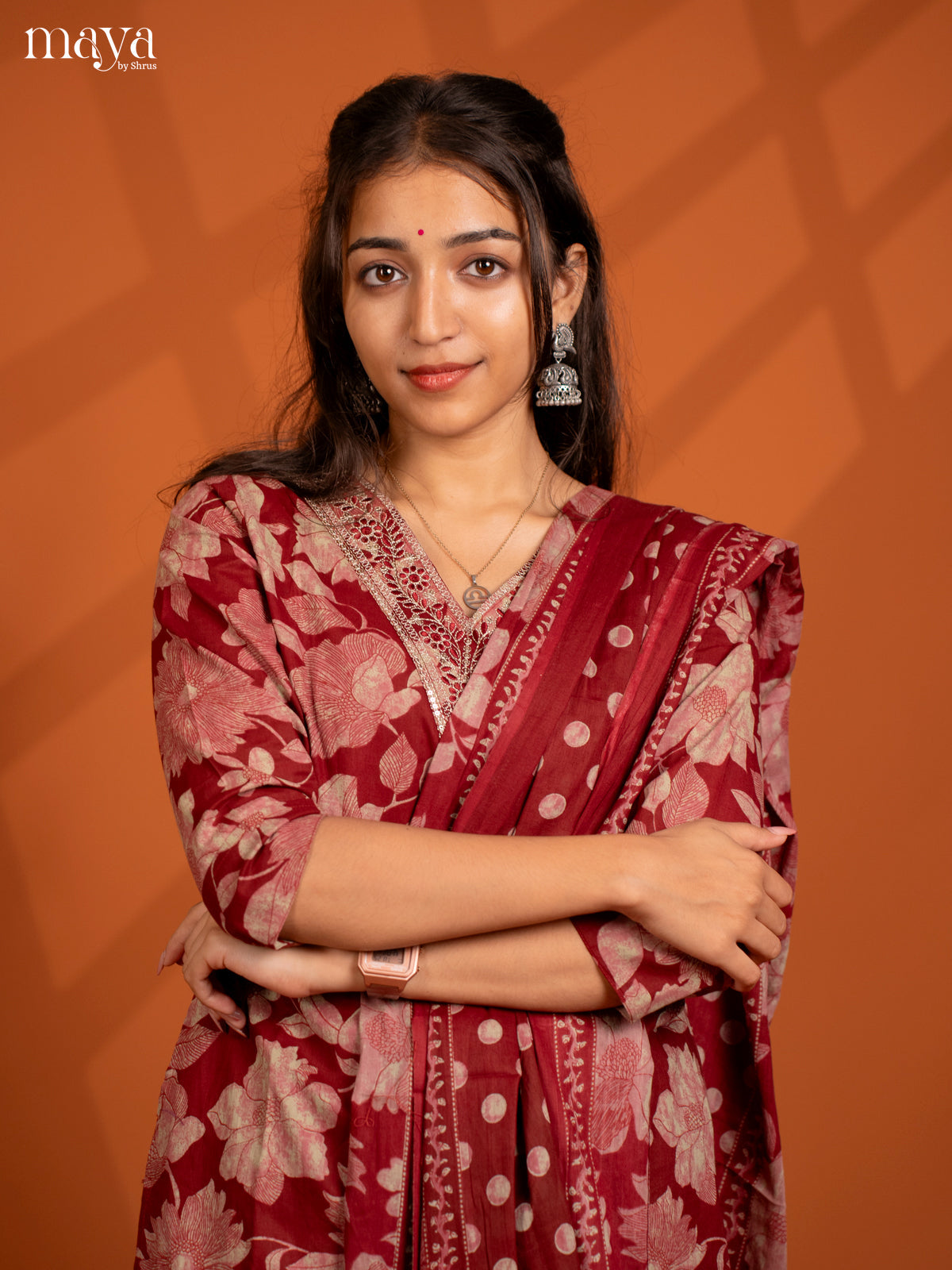 Brown Cotton 3PC Salwar Suit with Floral Print - Top, Bottom & Dupatta