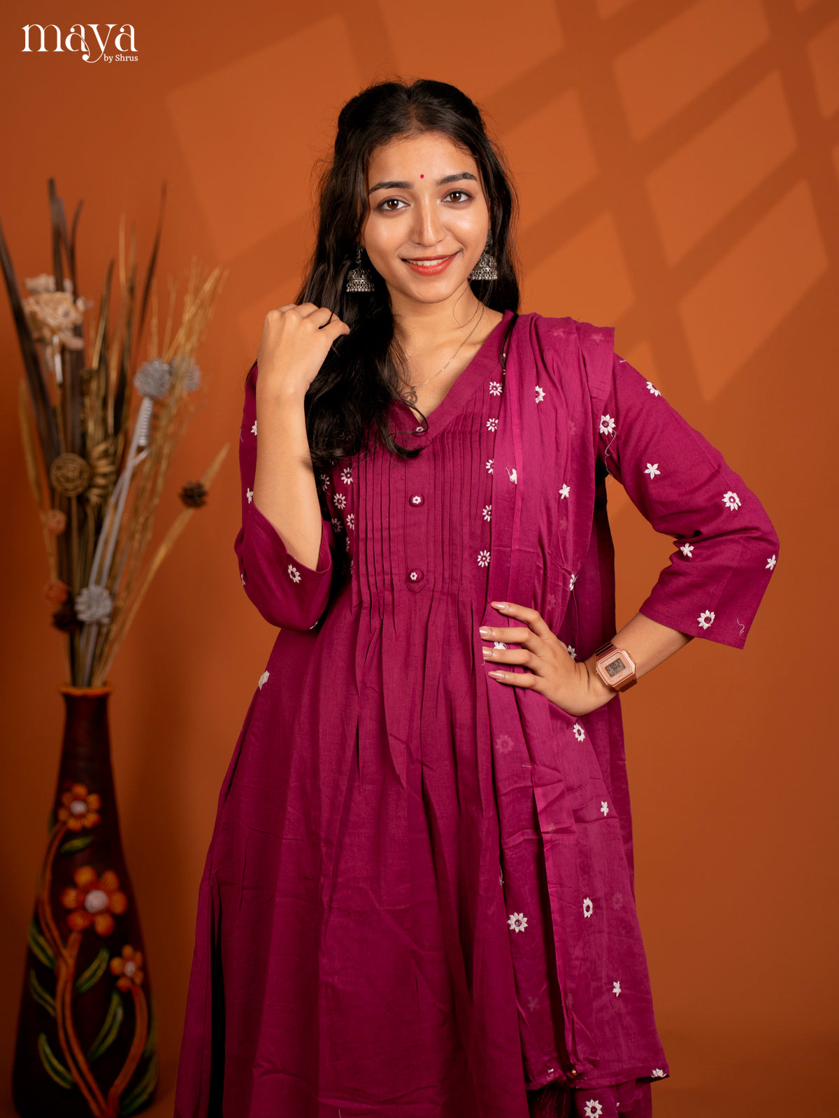 Magenta Cotton 3Pc solid Salwar Suit - Top, Bottom & Dupatta
