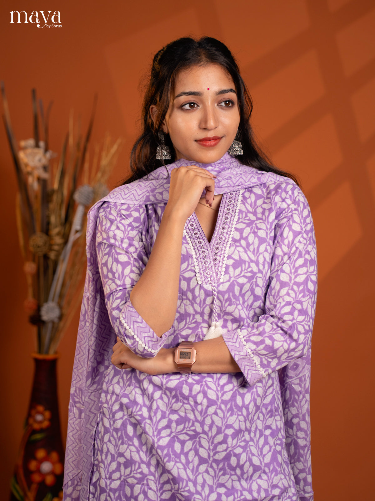 Violet Cotton 3Pc Salwar suit with Floral Print - Top, Bottom & Dupatta