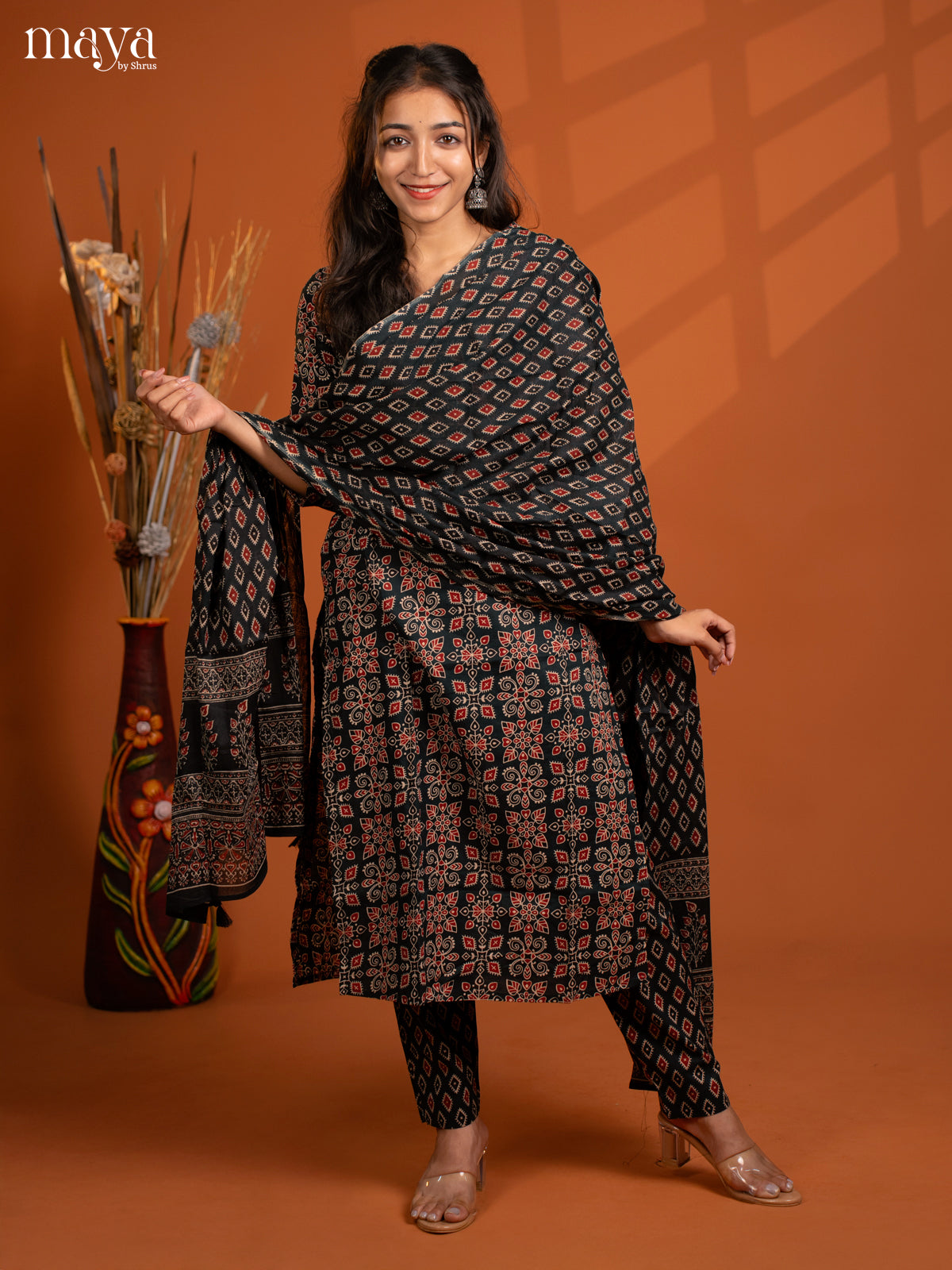 Green Cotton 3PC Salwar Suit with Floral Print - Top, Bottom & Dupatta
