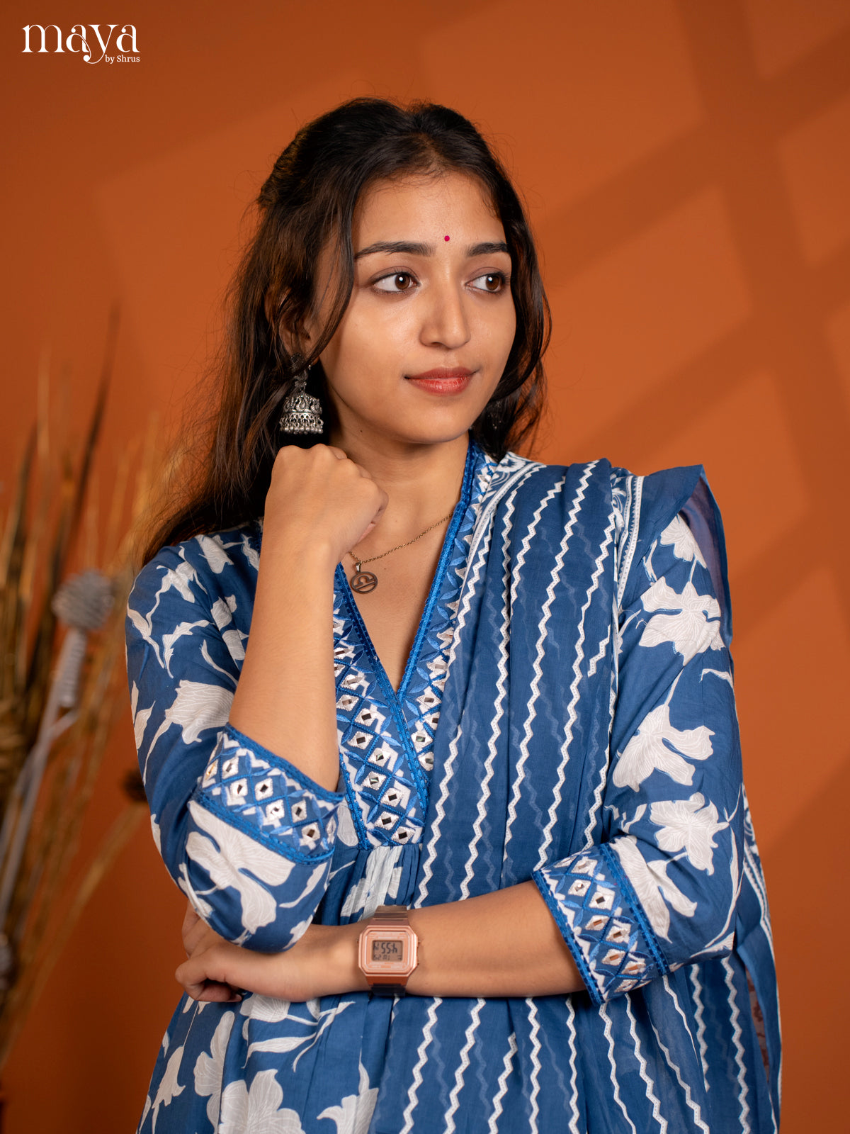 Blue Cotton 3PC Salwar Suit with Floral Print - Top, Botton & Dupatta