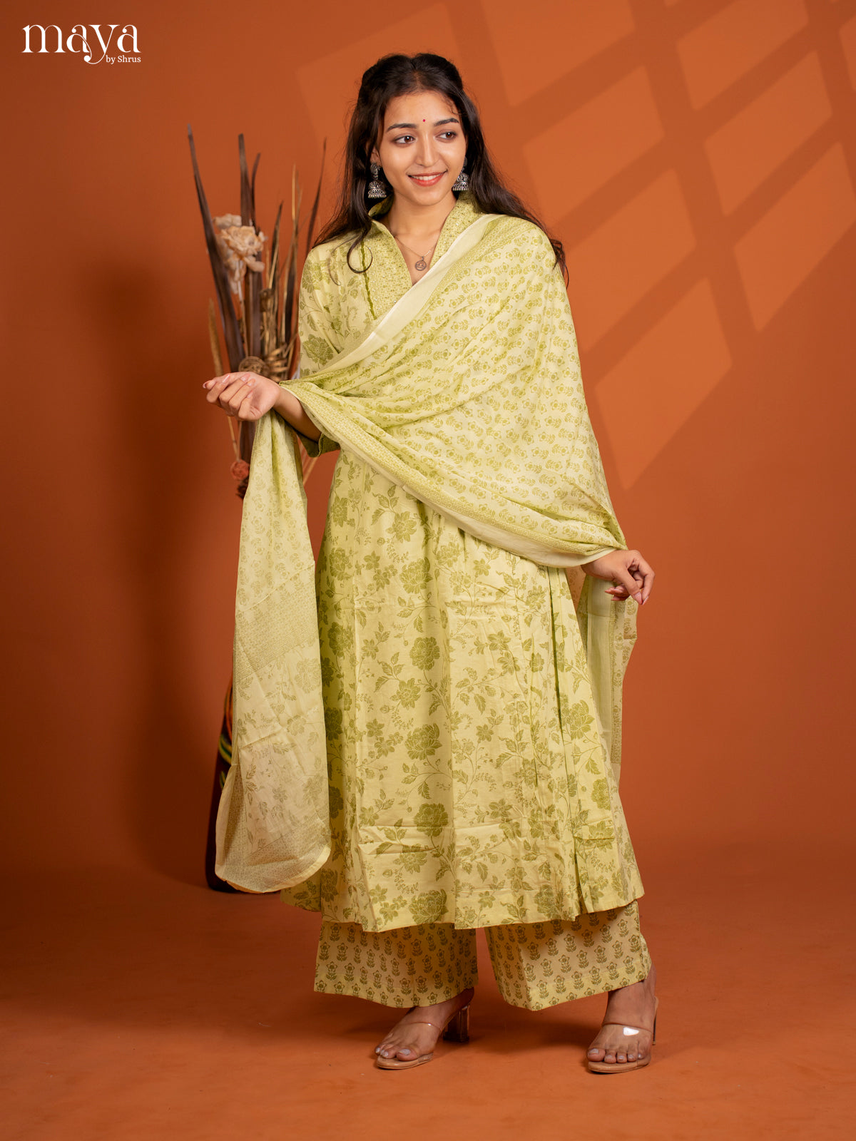Green Cotton 3PC Salwar Suit with Floral Print - Top, Bottom & Dupatta