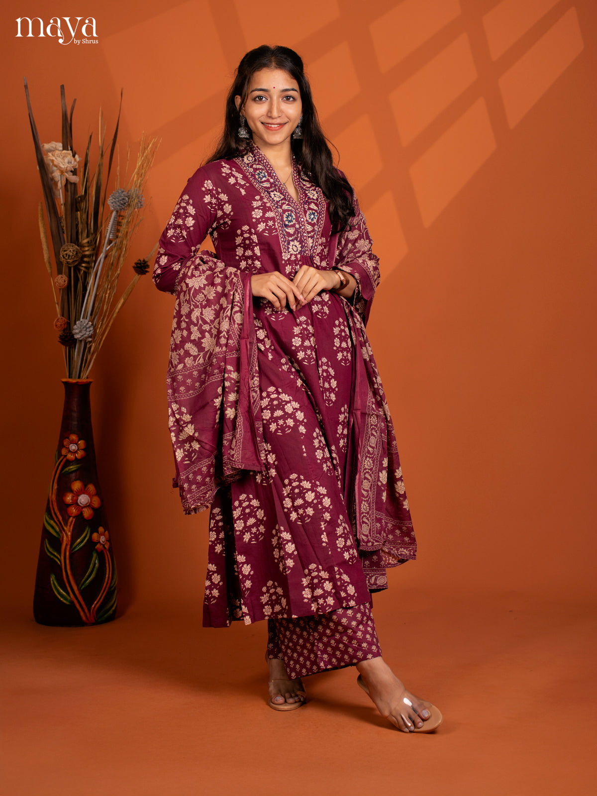 Beige Red Cotton 3Pc Salwar Suit with Floral Print - Top, Bottom & Dupatta