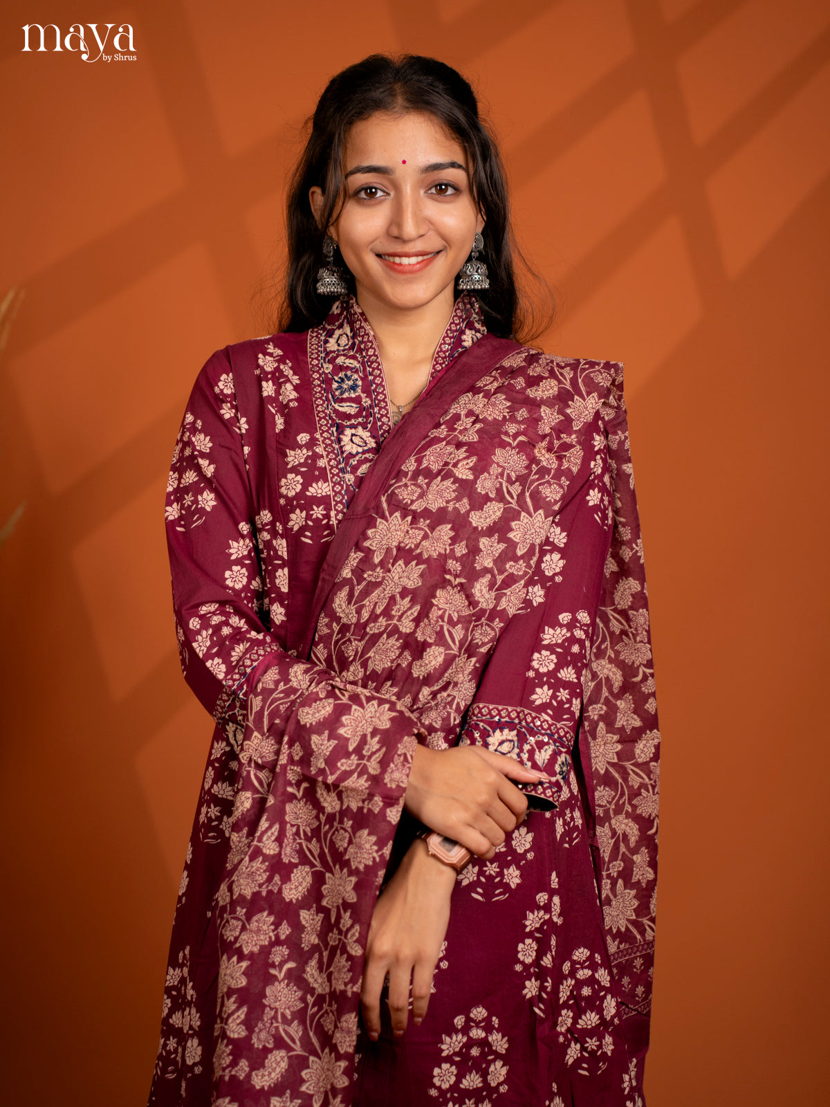 Beige Red Cotton 3Pc Salwar Suit with Floral Print - Top, Bottom & Dupatta