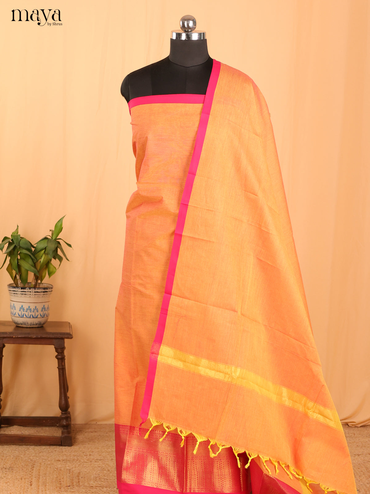 Light Orange & Pink Chettinad Cotton Unstitched Top & Dupatta - MDB24005
