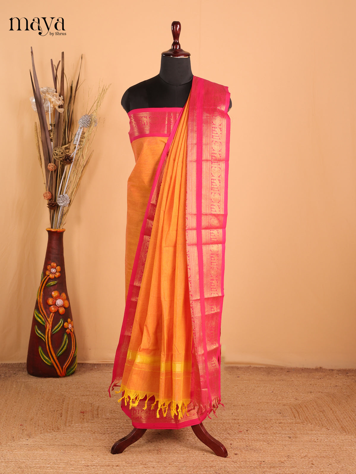 Light Orange & Pink - Chettinad Cotton Unstitched Top & Dupatta - MDB26004