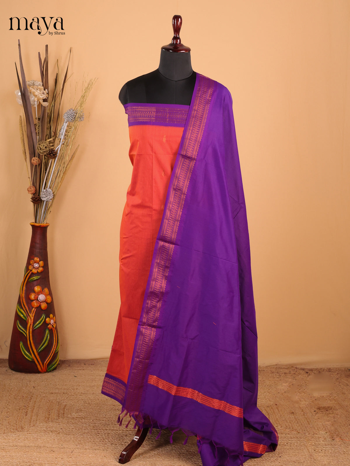 Orange & Purple - Kalyani Cotton unstitched Top & Dupatta - MDB26012