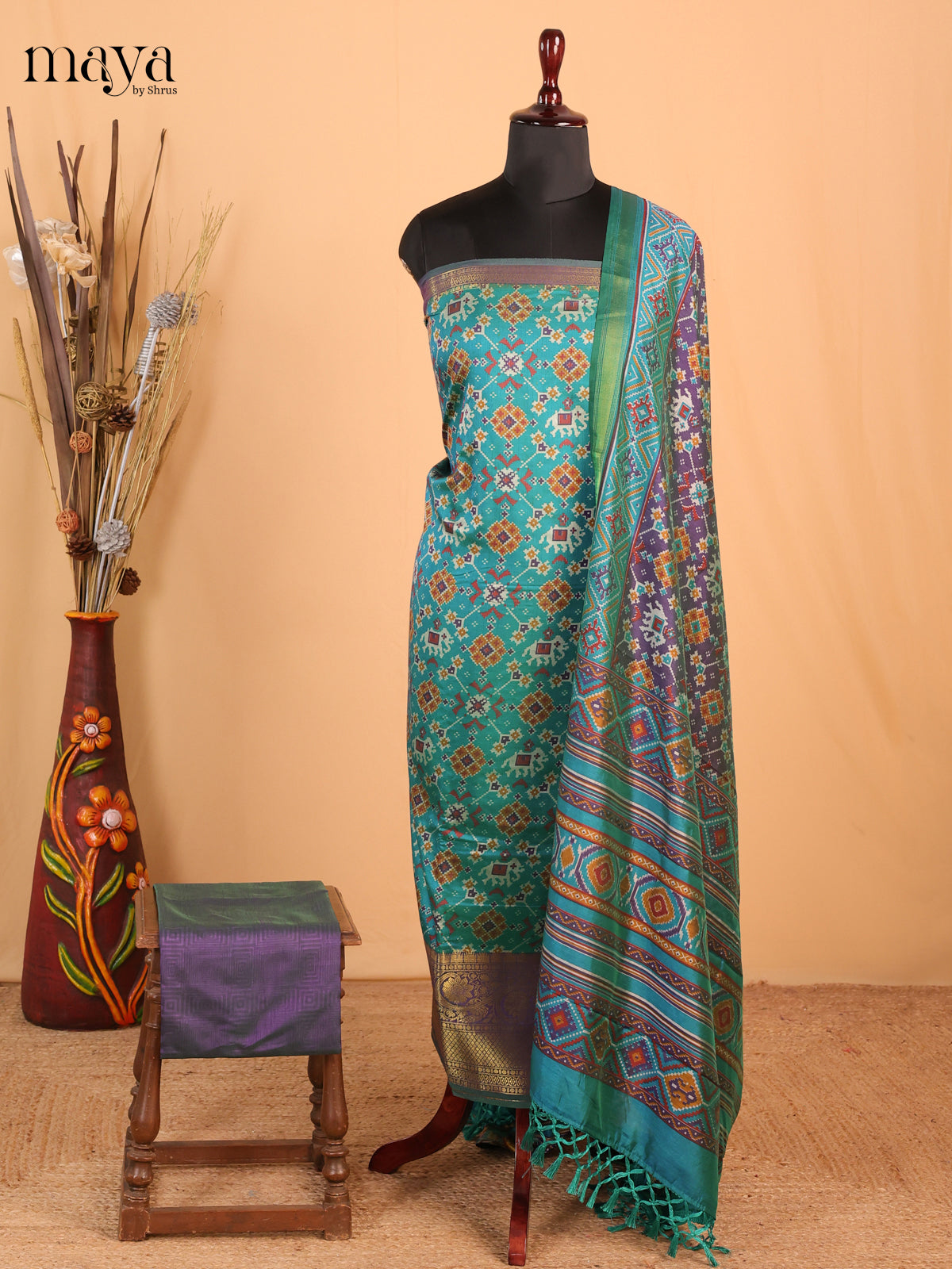 Teal blue with Purple - Semi Patola Unstitched Top, Bottom & Dupatta - MDB26039