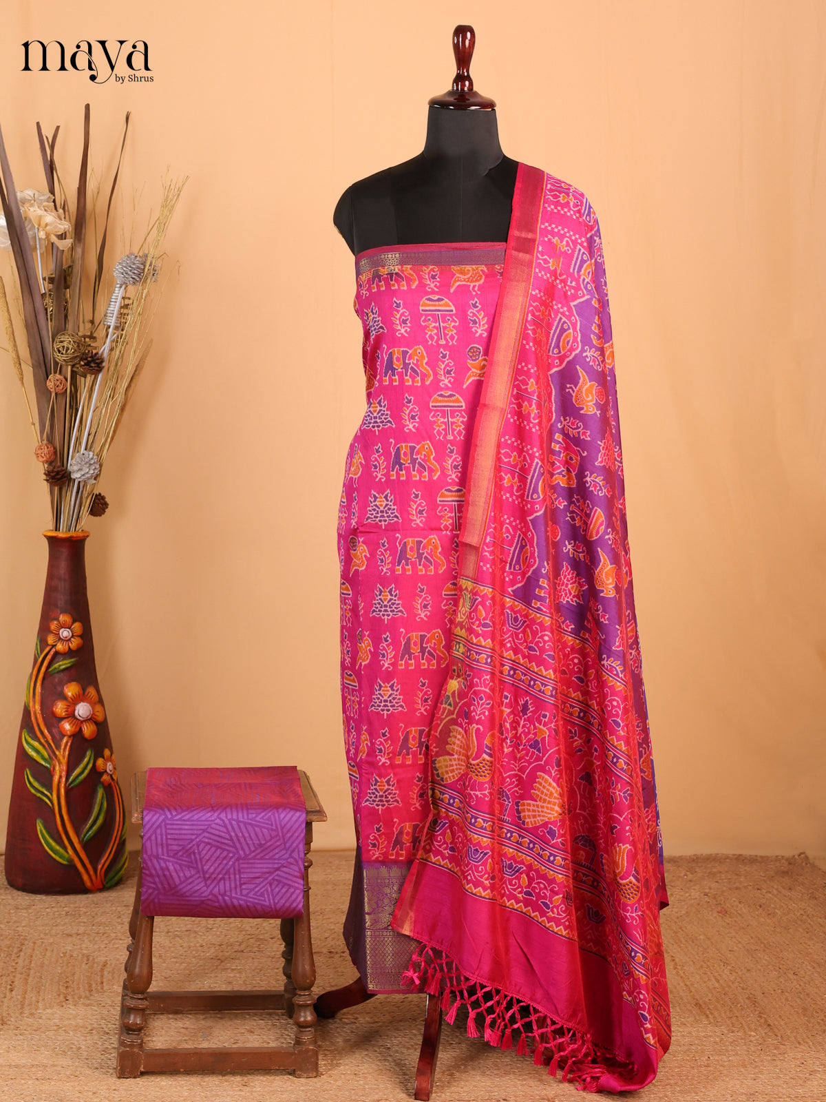 Pink with Purple - Semi Patola Unstitched Top, Bottom & Dupatta - MDB26043