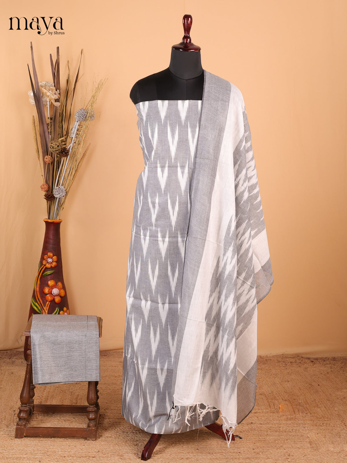 Grey with white - Ikkat Cotton Unstitched Material Top, Bottom & Dupatta - MDB27006