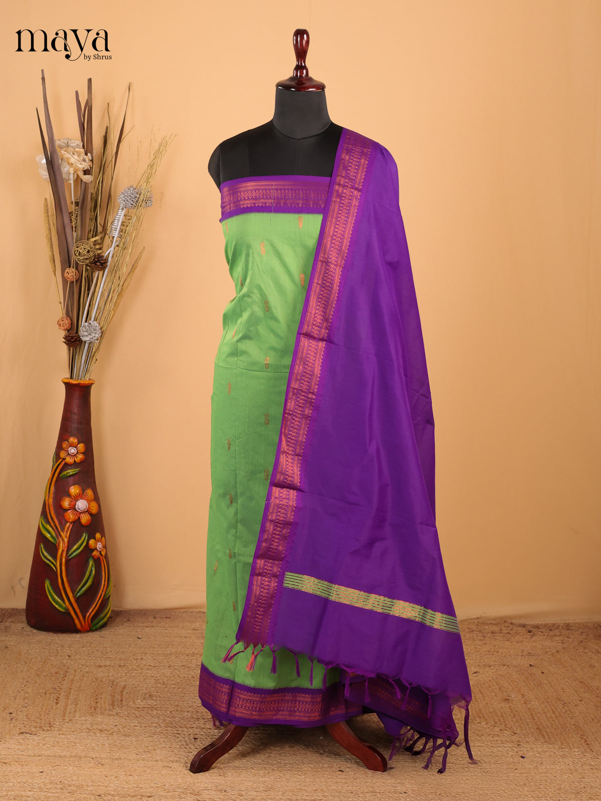 Purple & Green - Kalyani Cotton unstitched Top & Dupatta - MDC07008