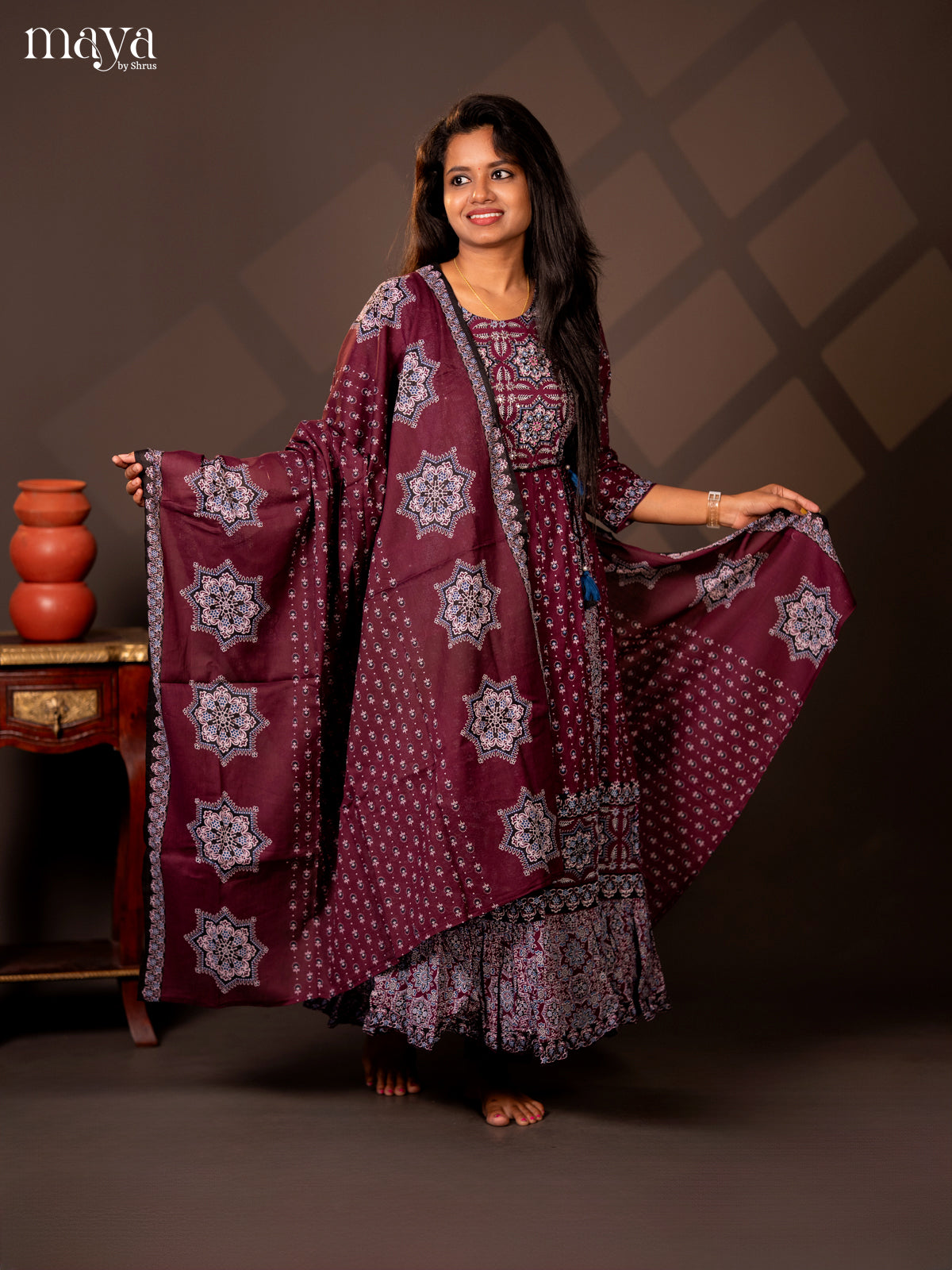 Purple Cotton 3PC Salwar Suit with Ajrakh jPrint - Top, Bottom & Dupatta