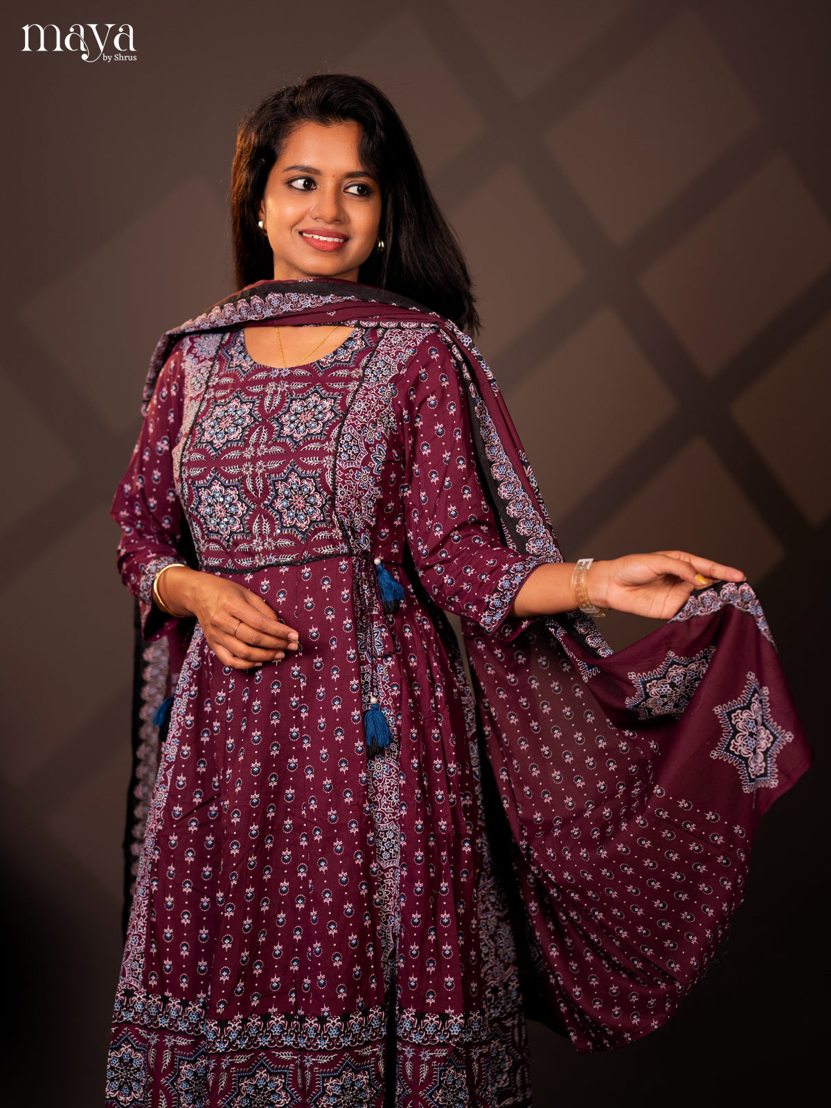 Purple Cotton 3PC Salwar Suit with Ajrakh jPrint - Top, Bottom & Dupatta
