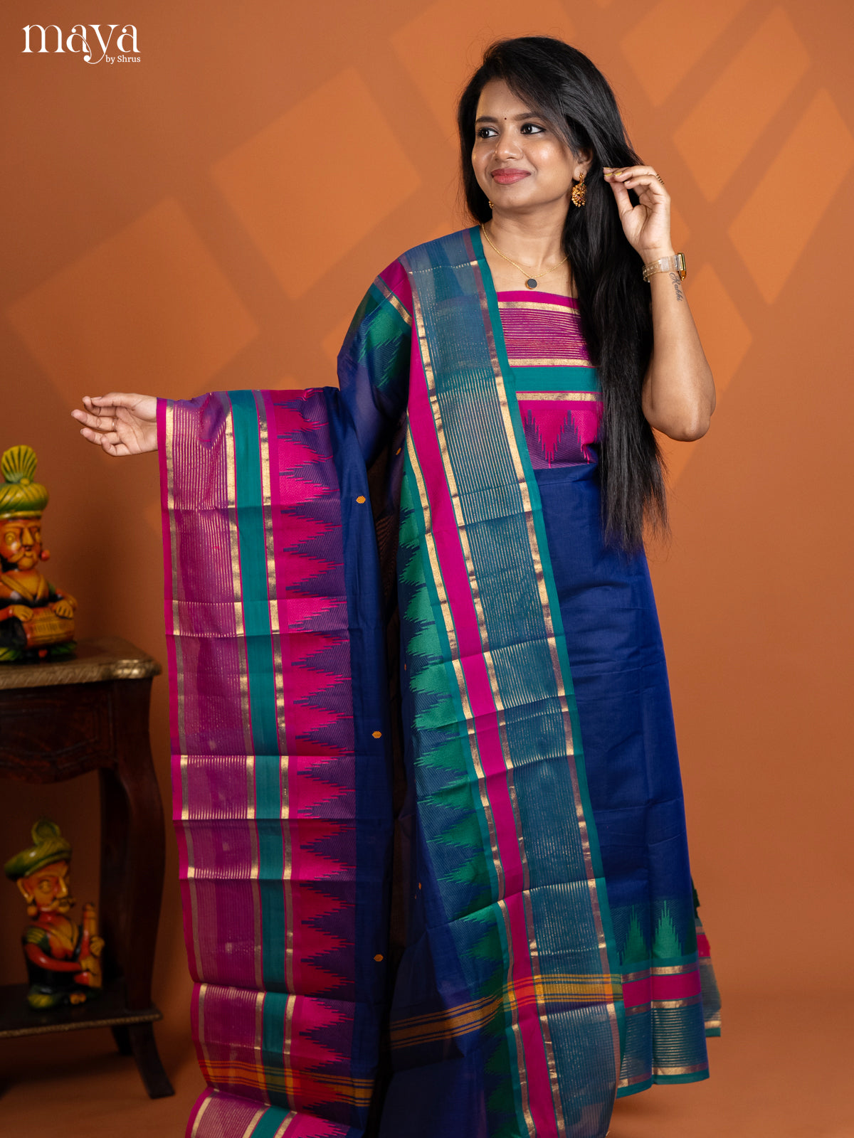 Royal blue & pink Chettinad Cotton Unstitched Top & Dupatta Suit Set - MDD17002