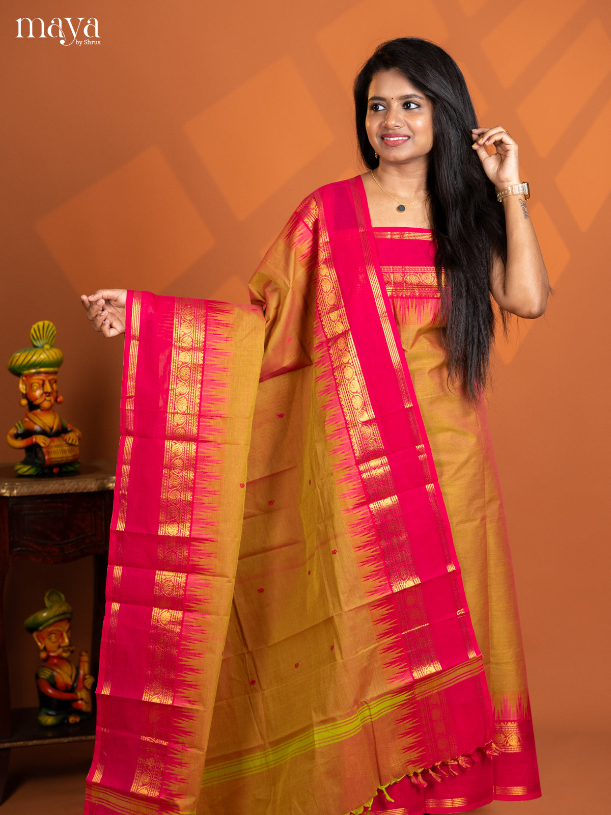 Dual Tone Green with Pink chettinad top & dupatta - MDD17005