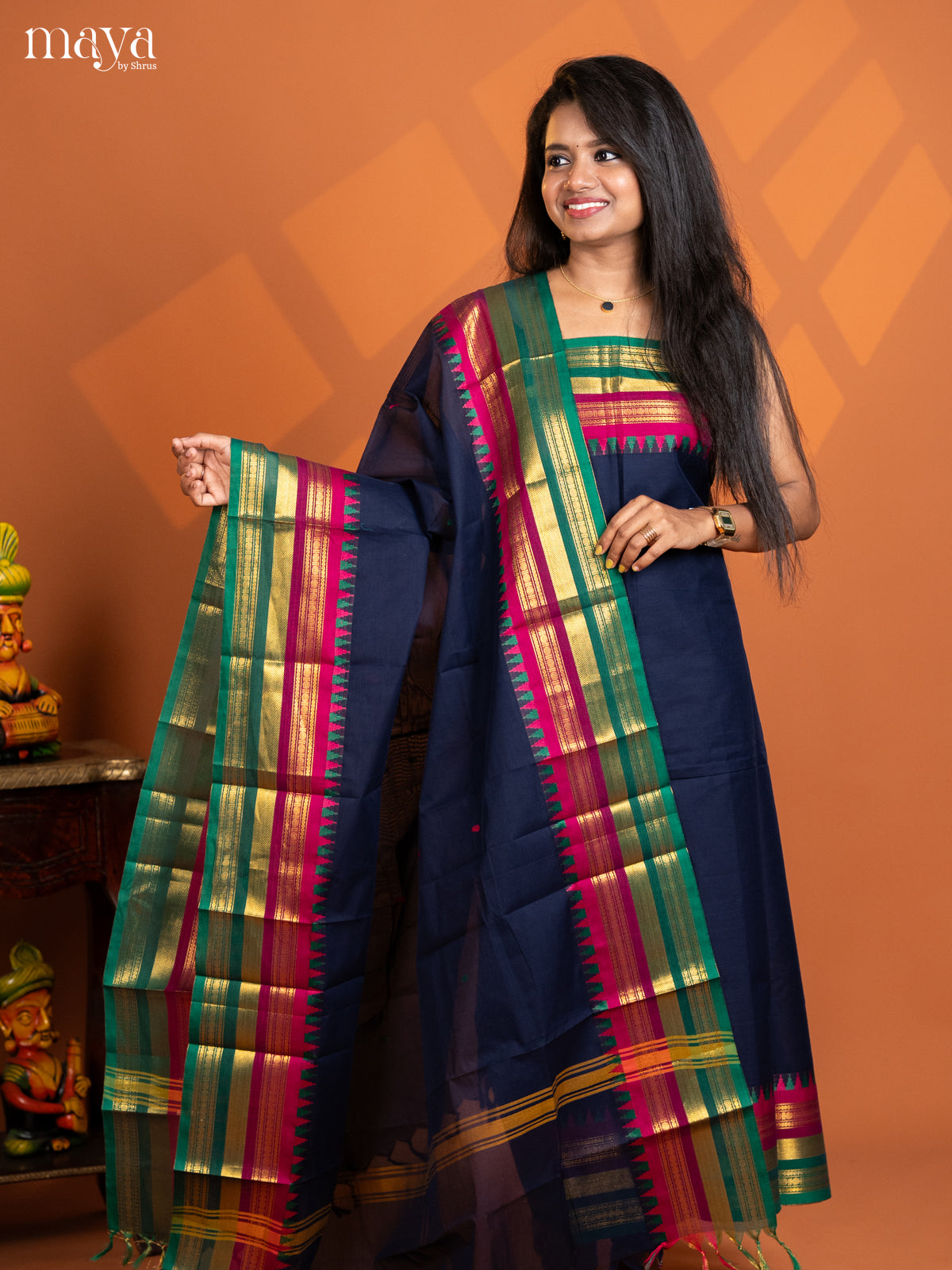 Navy Blue with Green chettinad top & dupatta - MDD17007