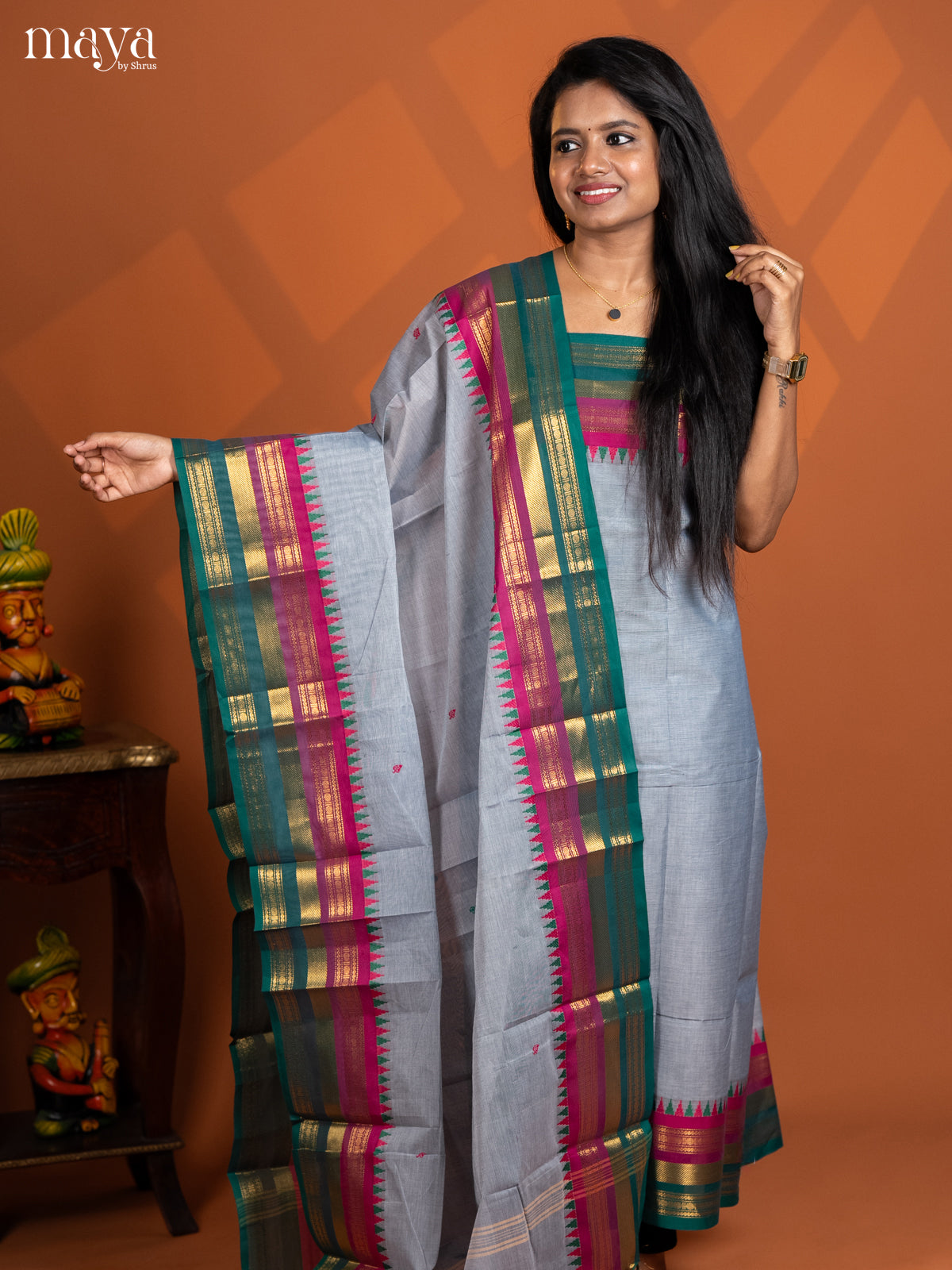 Dual Tone Grey with White chettinad top & dupatta - MDD17009
