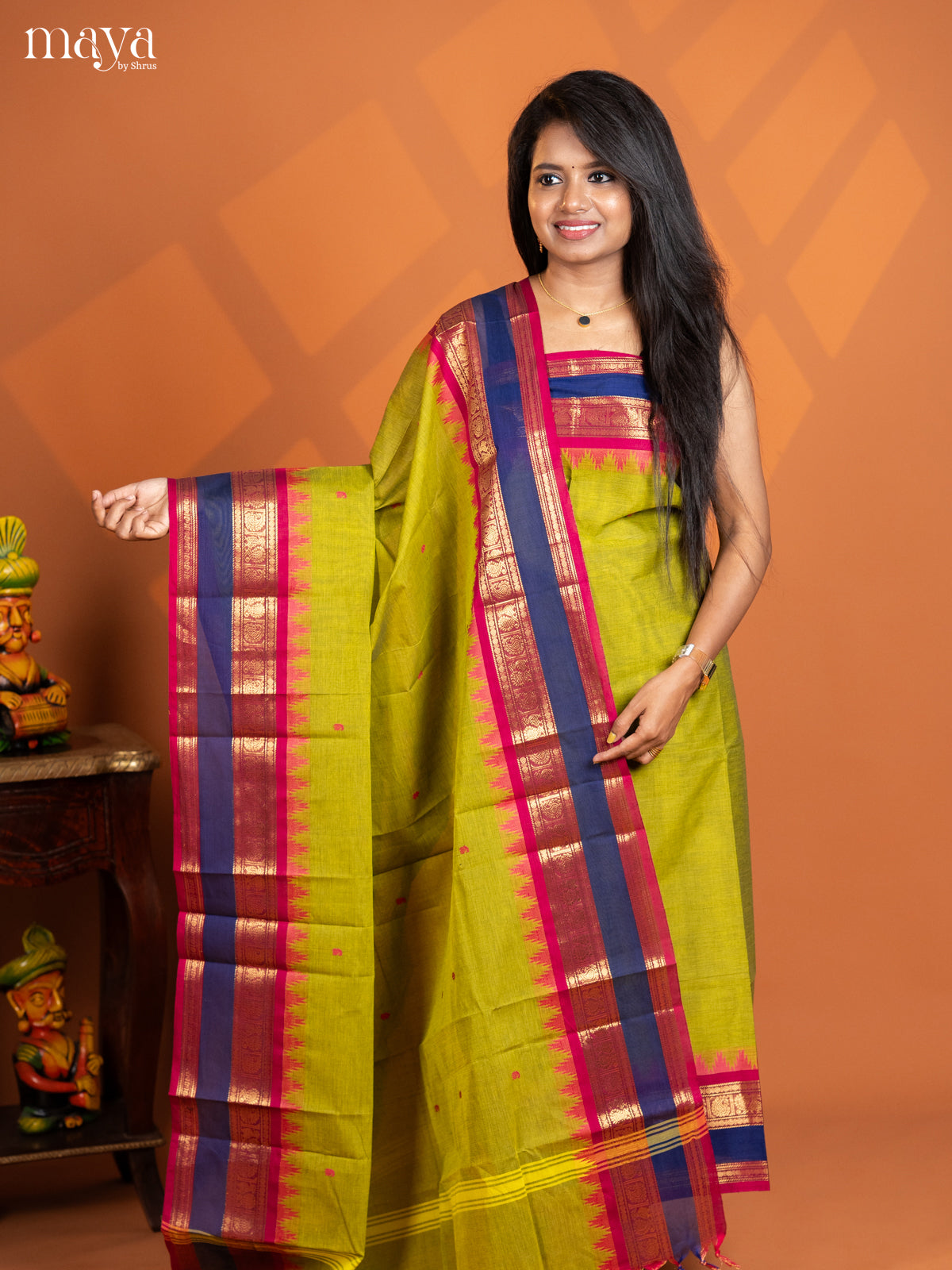 Dual Tone Lime Yellow with Bottle Green chettinad top & dupatta - MDD17016