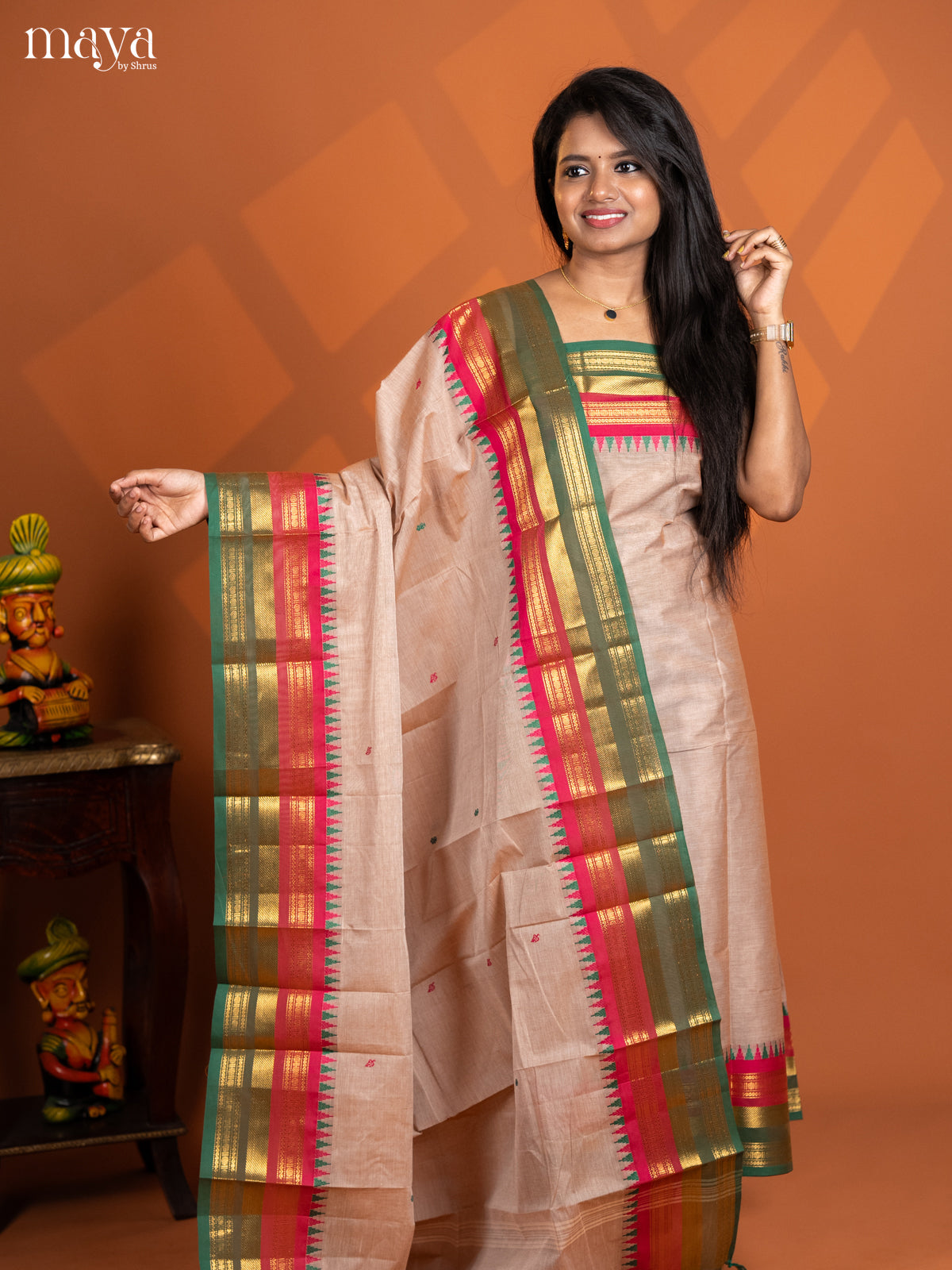 Beige with Green chettinad top & dupatta - MDD17018