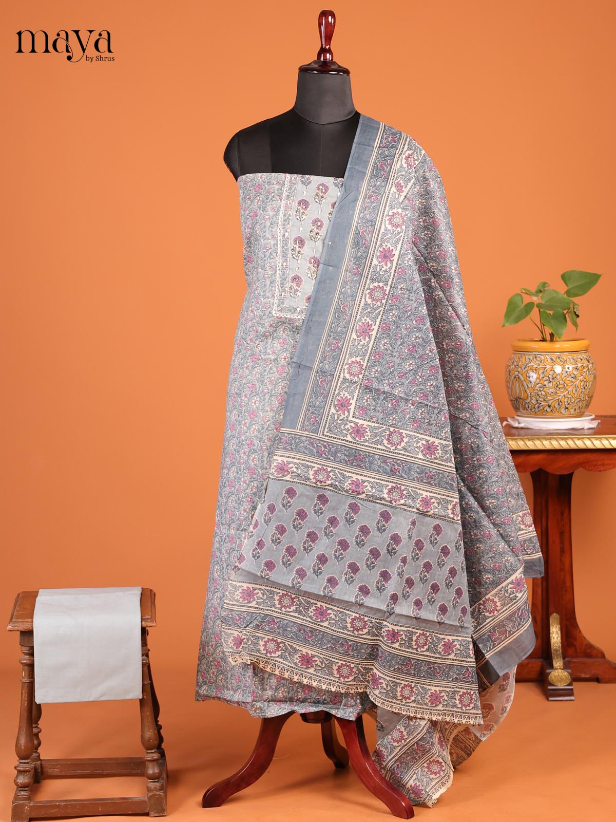 Grey & Purple - Cotton Unstitched Top, Bottom & Dupatta Suit Set- MDD19107
