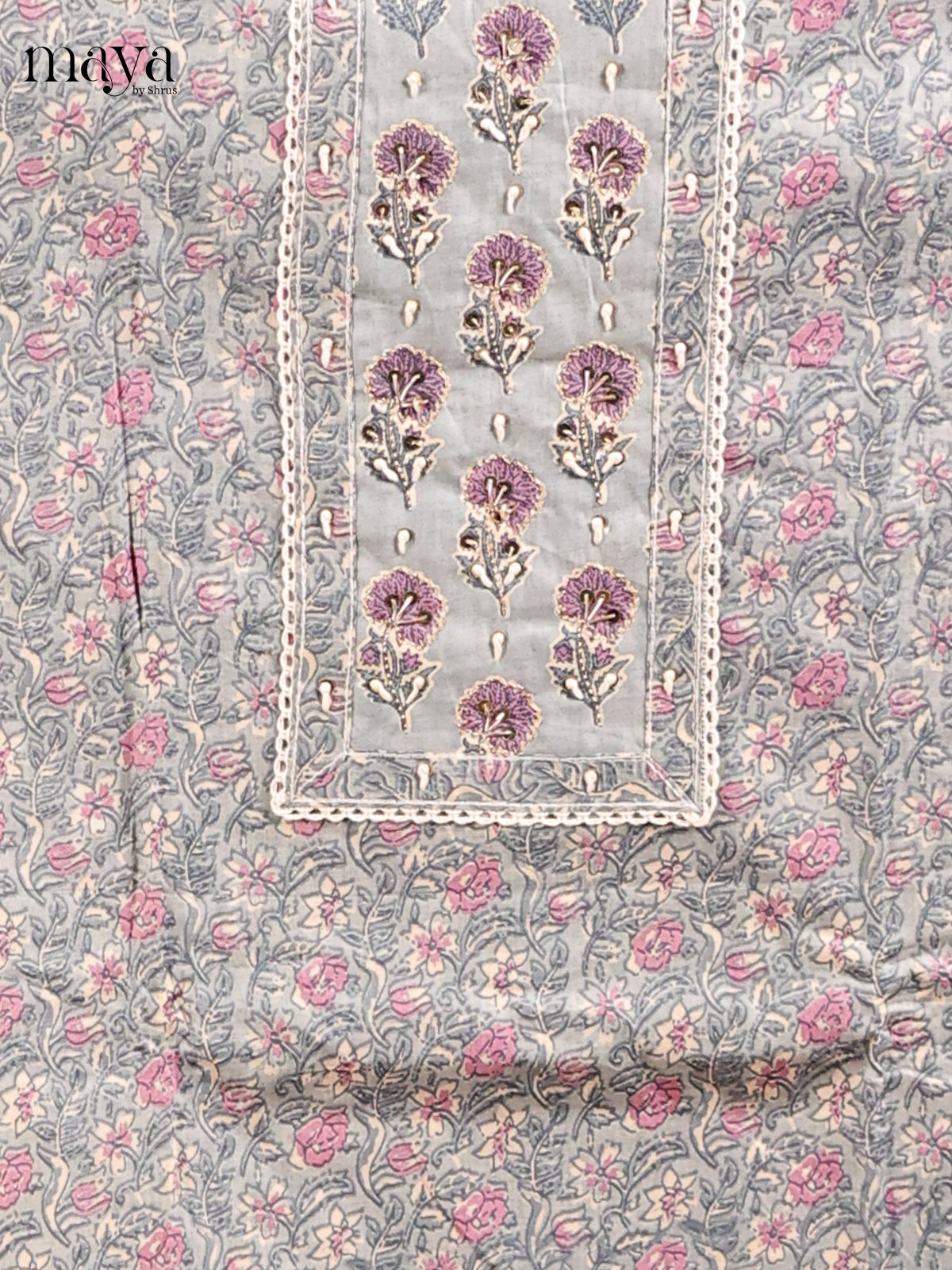 Grey & Purple - Cotton Unstitched Top, Bottom & Dupatta Suit Set- MDD19107