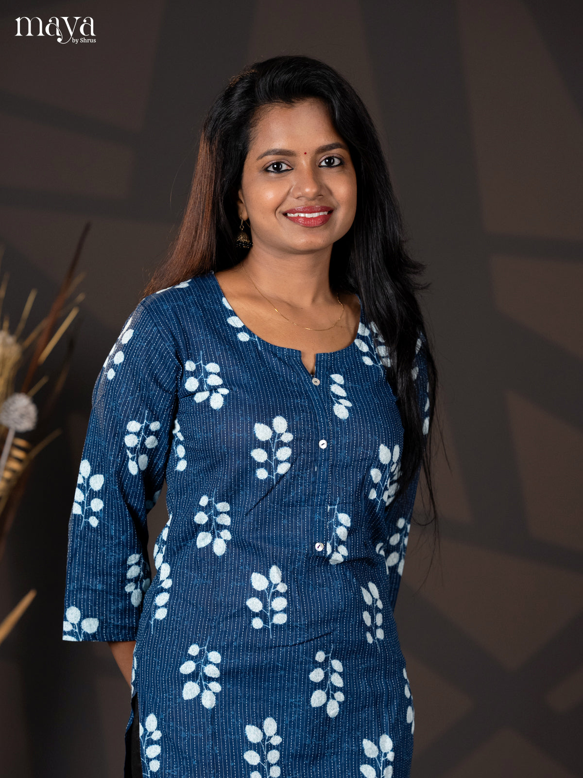 Indigo Blue Kantha Cotton Block Printed Straight Kurti