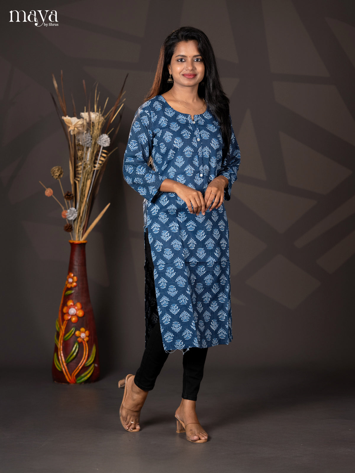Indigo Blue Kantha Cotton Block Printed Straight Kurti