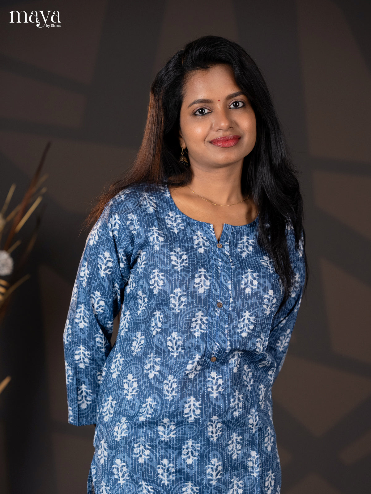 Indigo Blue Kantha Cotton Block Printed Straight Kurti