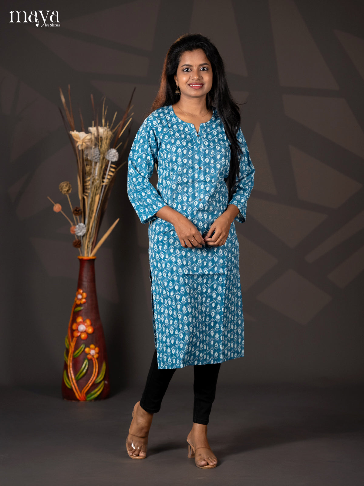 Light Blue Kantha Cotton Block Printed Straight Kurti