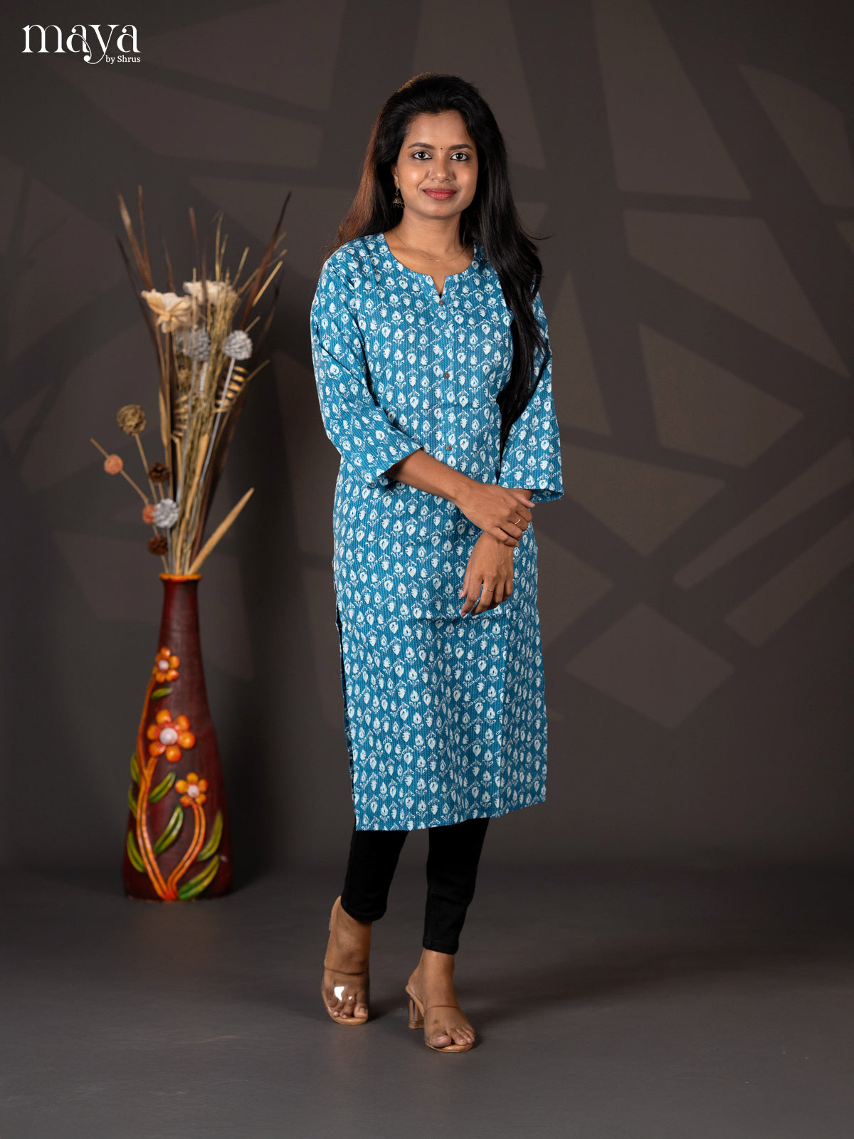 Light Blue Kantha Cotton Block Printed Straight Kurti