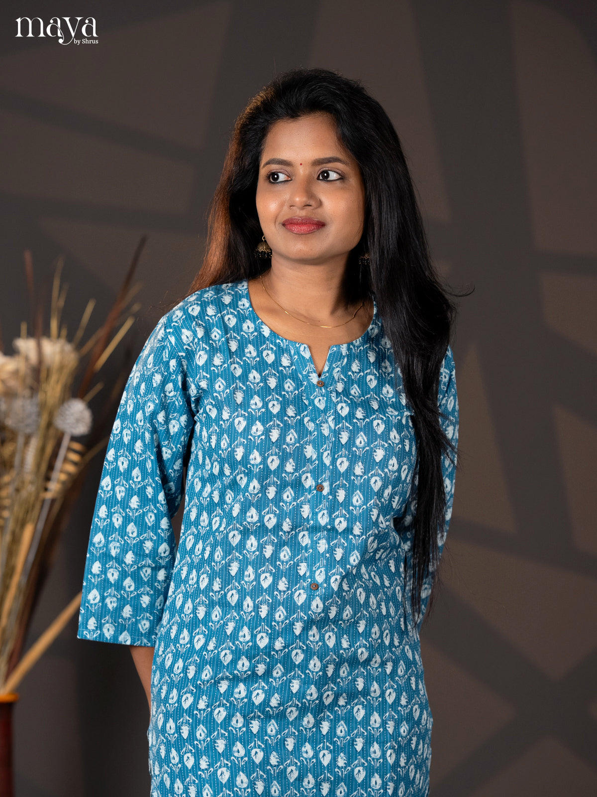 Light Blue Kantha Cotton Block Printed Straight Kurti