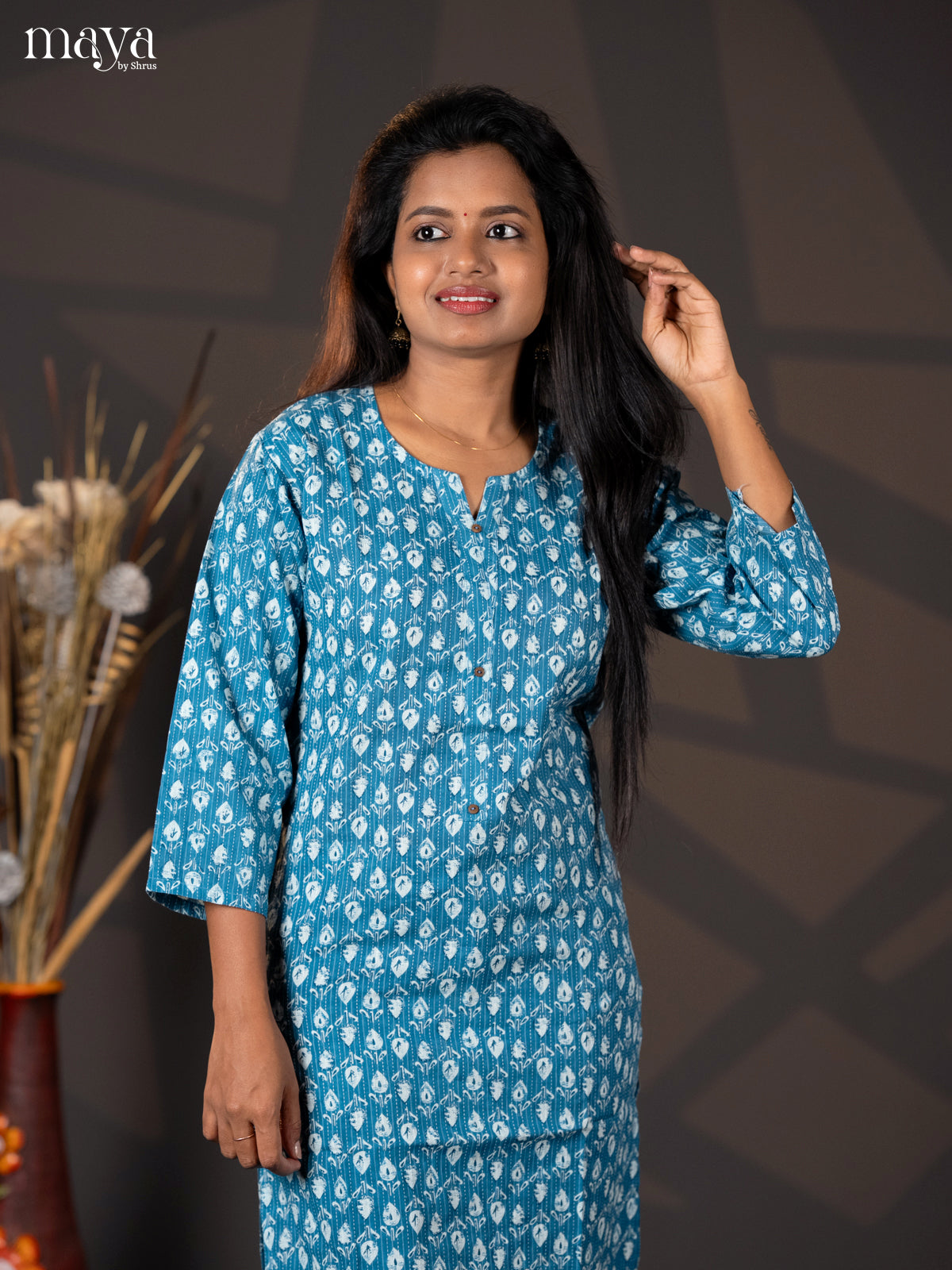 Light Blue Kantha Cotton Block Printed Straight Kurti
