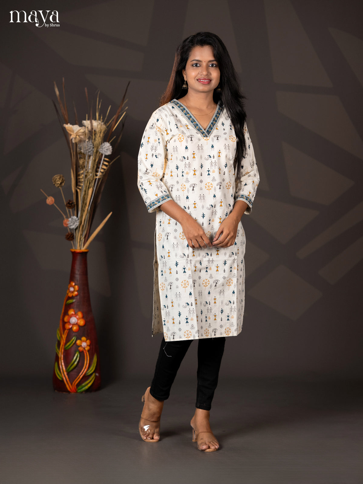 Peacock Blue Warli Printed Rayon Straight Kurti