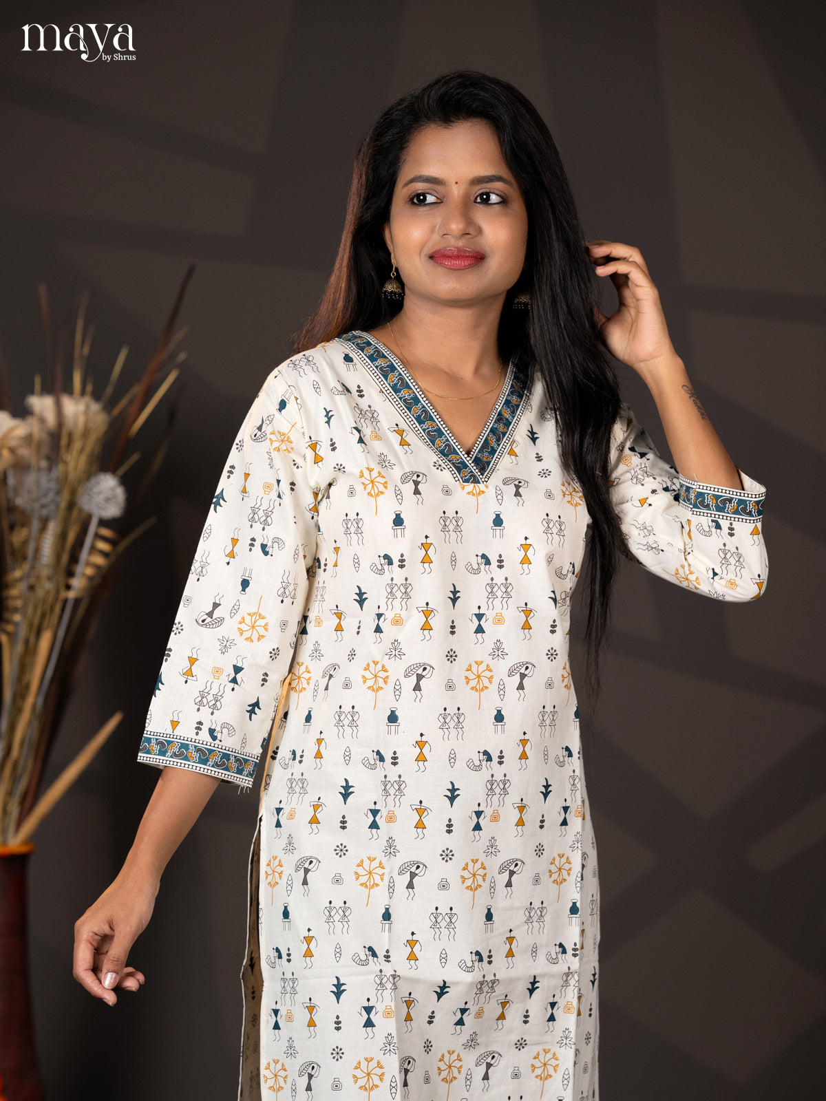 Peacock Blue Warli Printed Rayon Straight Kurti