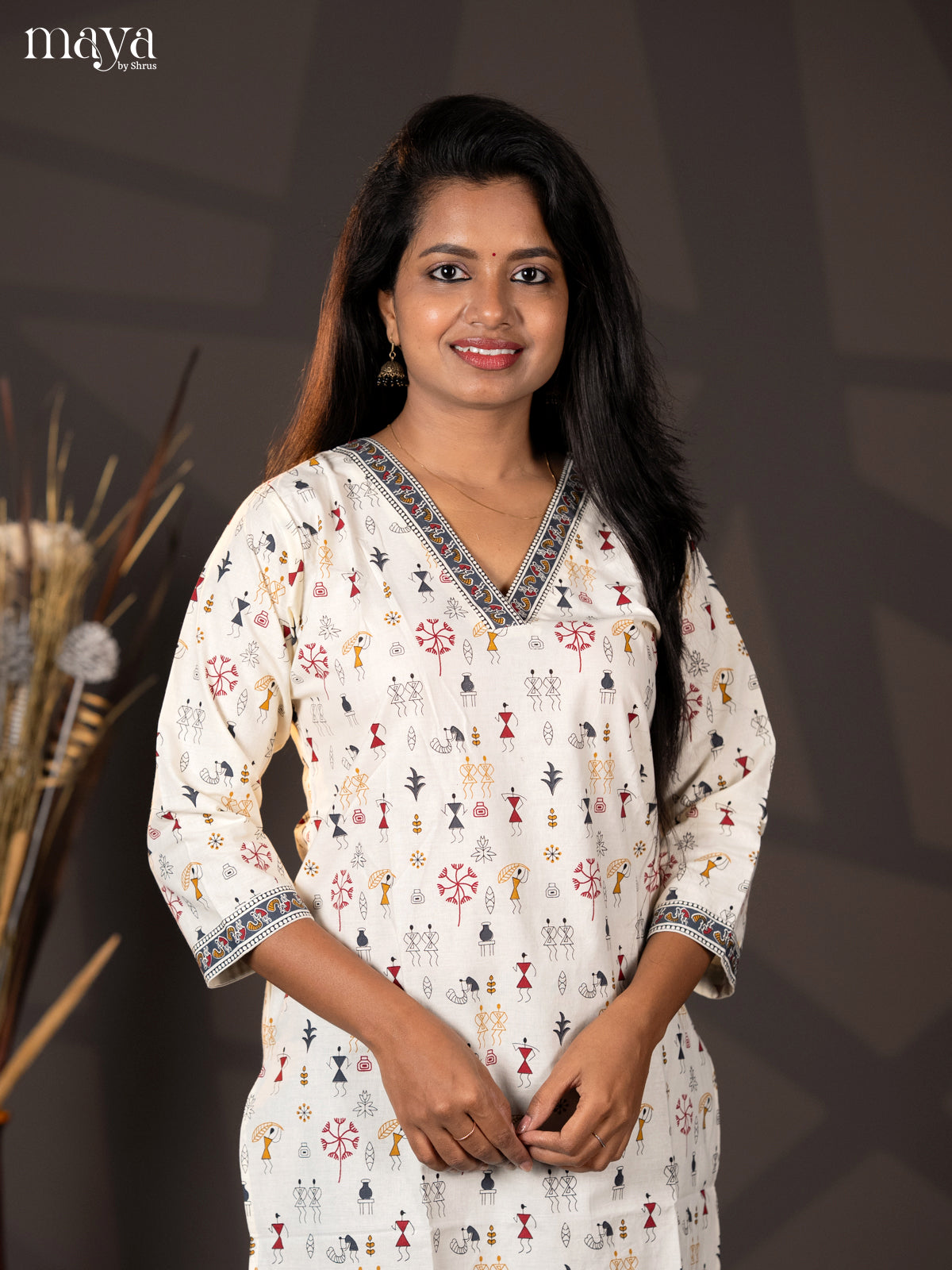 Cream with Grey Warli Printed Rayon Straight Kurti